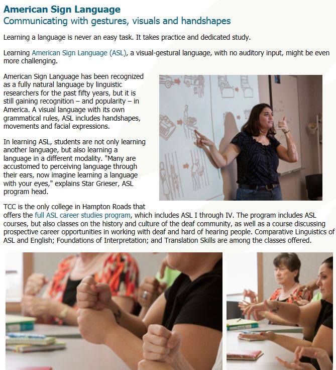 American Sign Language at Tidewater Community College | Chesapeake VA