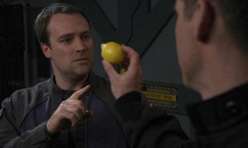 Threatening Rodney McKay with a lemon because you're a motivational master.
