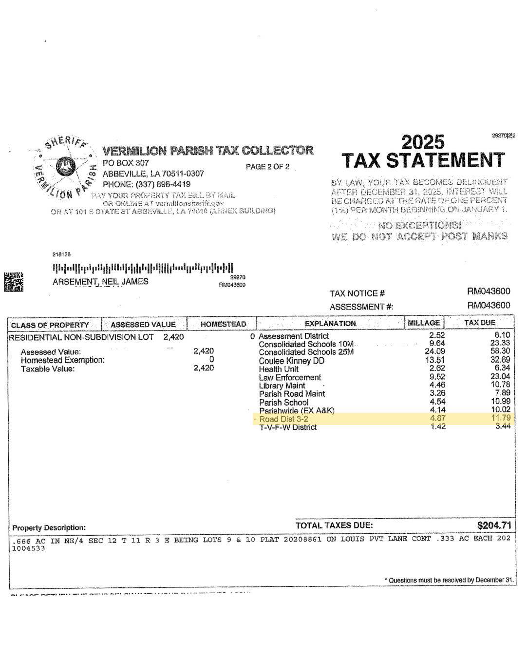 Vermilion Parish property tax information for 2024