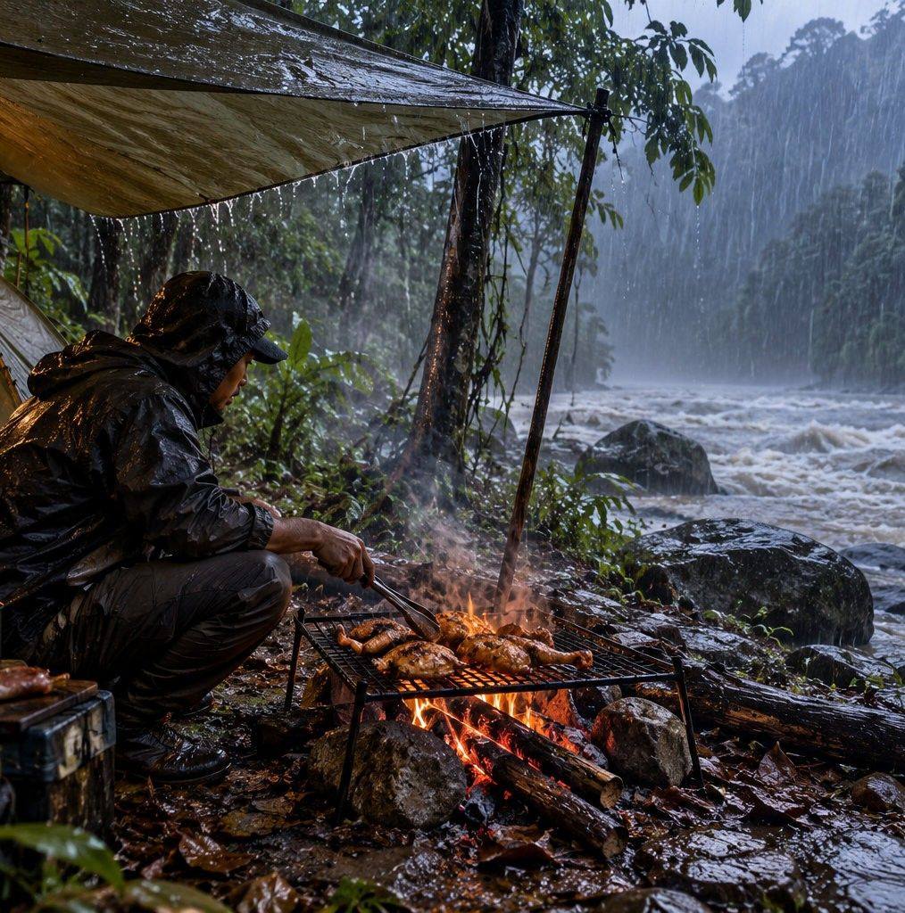 While we were setting up the tent, the rain was pouring down heavily ...