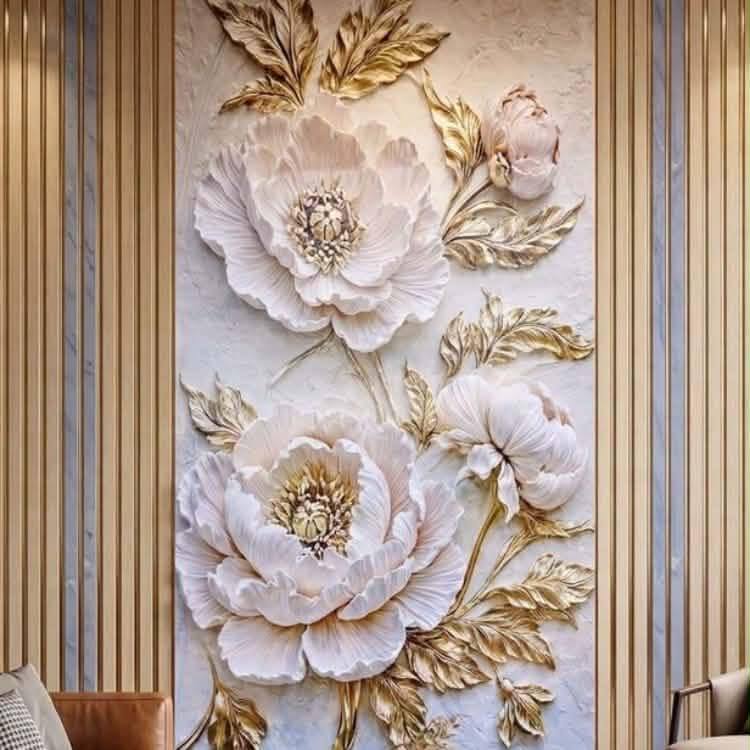 WALL DESIGN WITH WALLPAPER wallpaper ke sath wall par round wall design ...