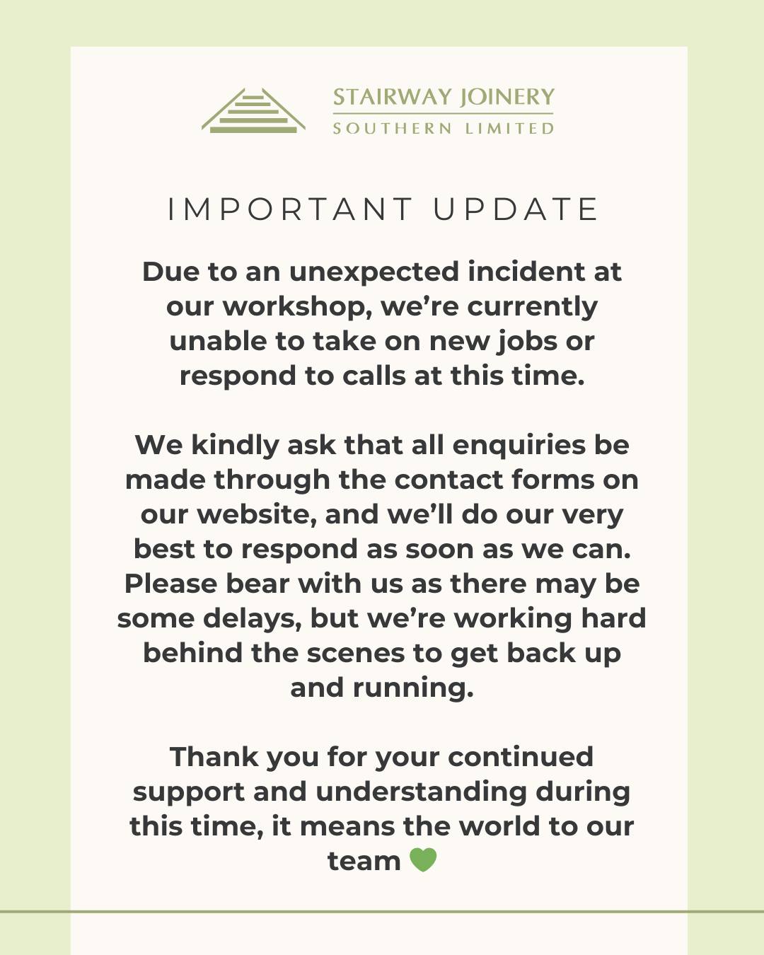 Temporary Changes at... - Stairway Joinery Southern Ltd | Facebook