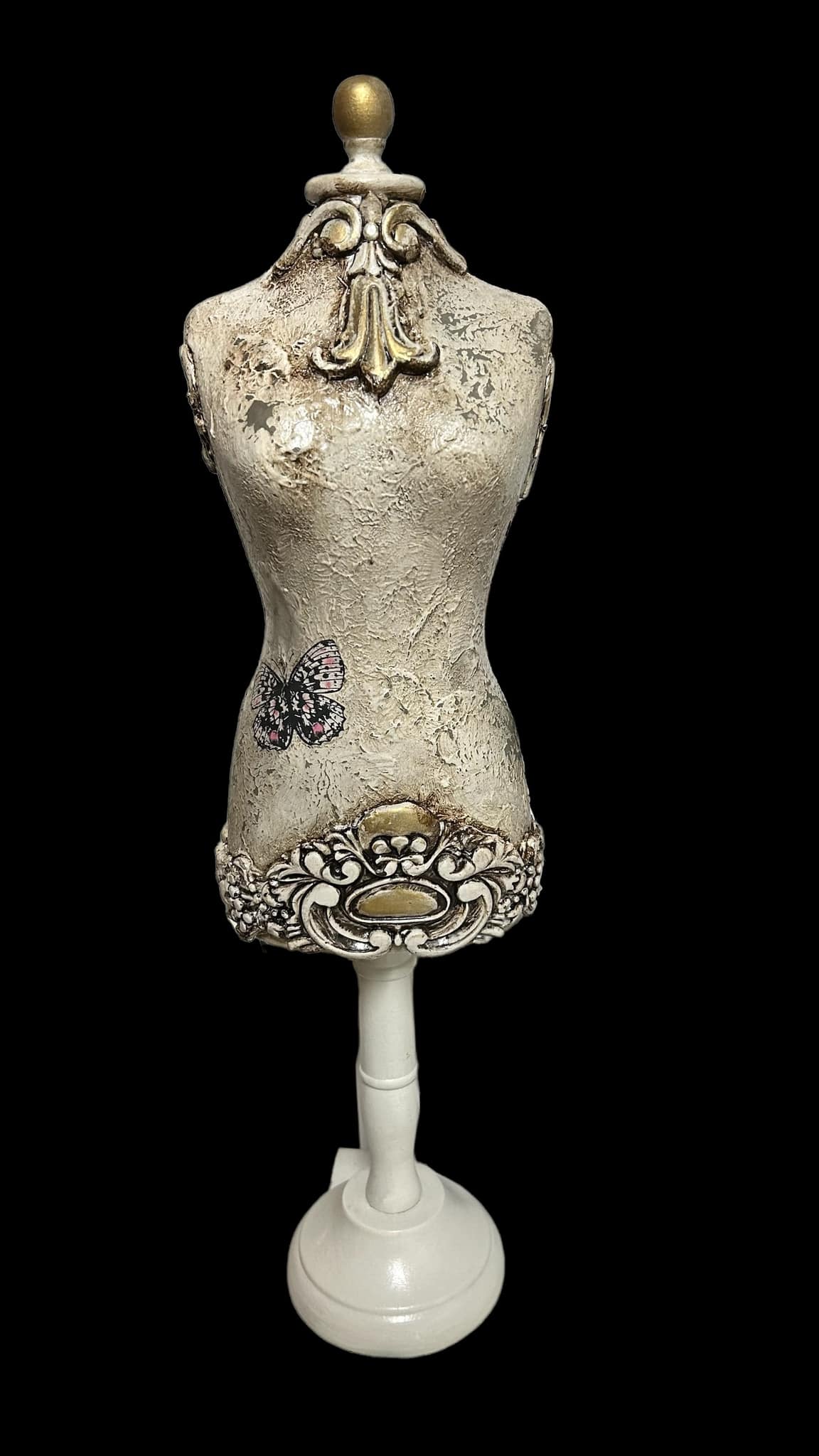 Upcycled antique mannequin with transfer and paint