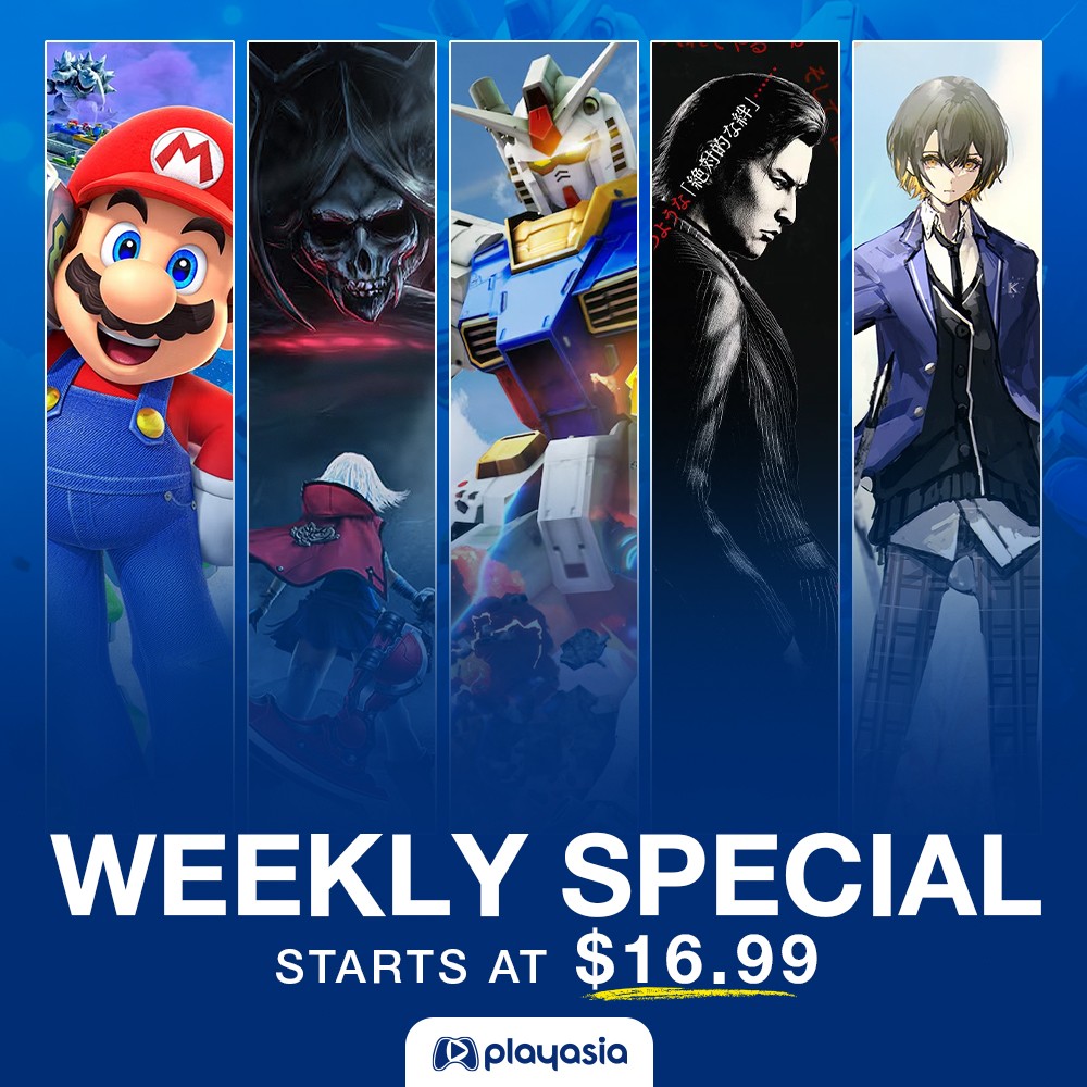 Playasia weekly specials include Mario Party Jamboree and Gundam