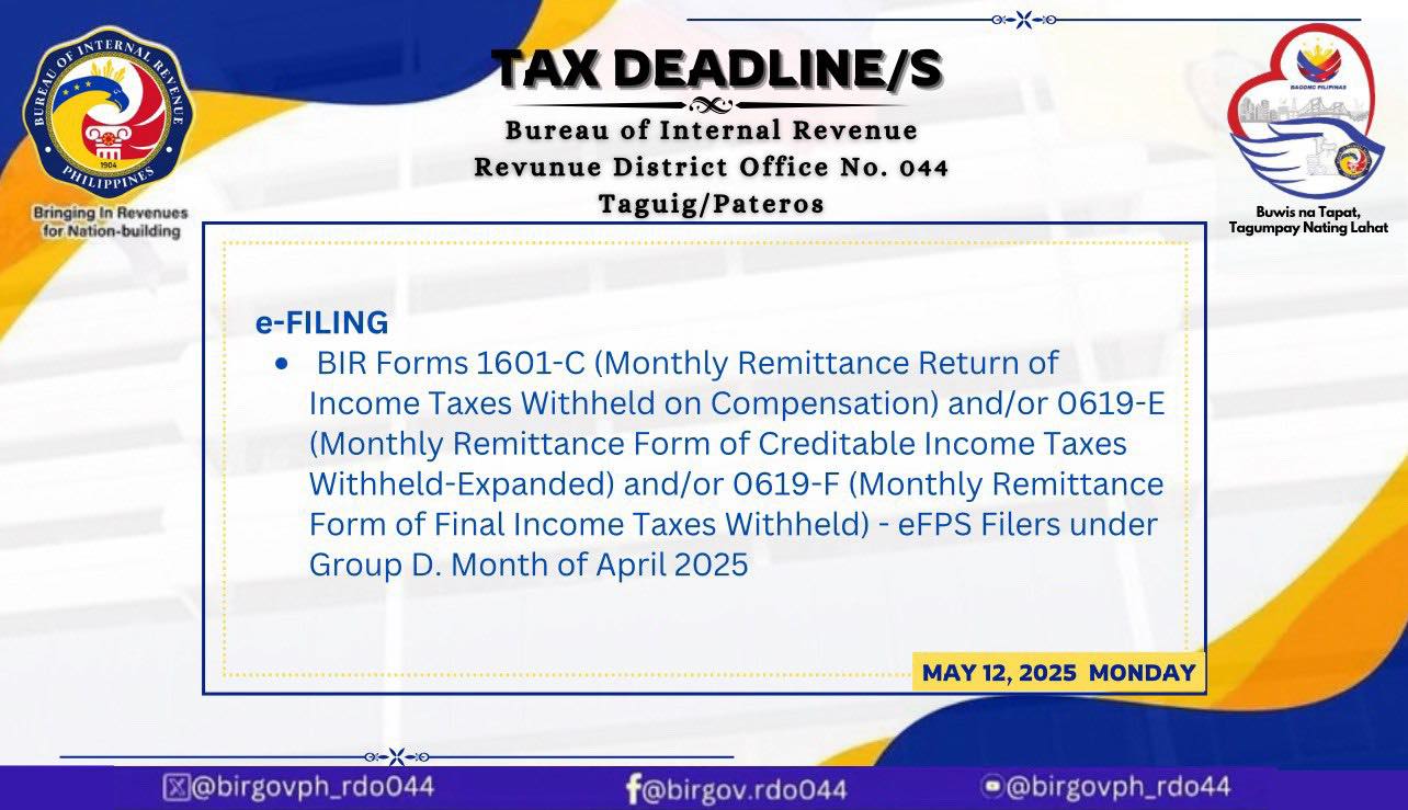 BIR - Notice‼️ 🔔BIR Tax Deadline May 12, 2025 Monday e-FILING BIR Forms ...