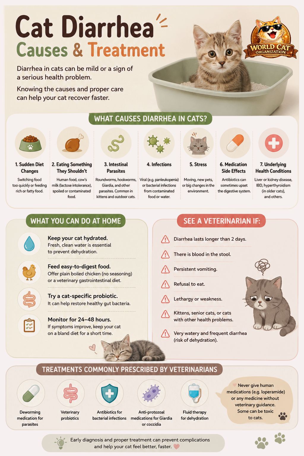 If your healthy cat is experiencing diarrhea, but their behavior is normal, withhold food (not water) for 12 hours, then follow up with a bland diet for a few days. If your