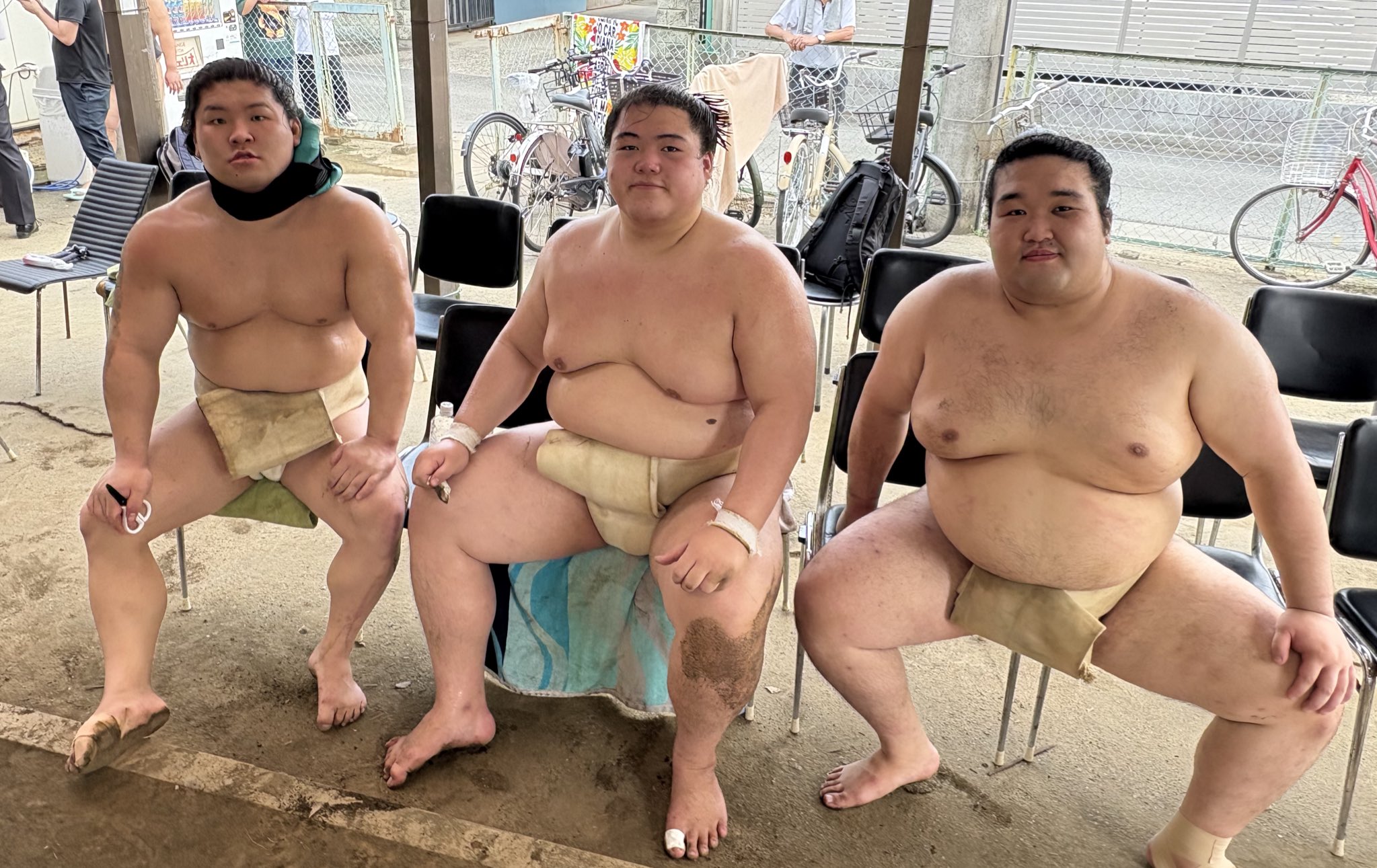 Sumo wrestlers after practice
