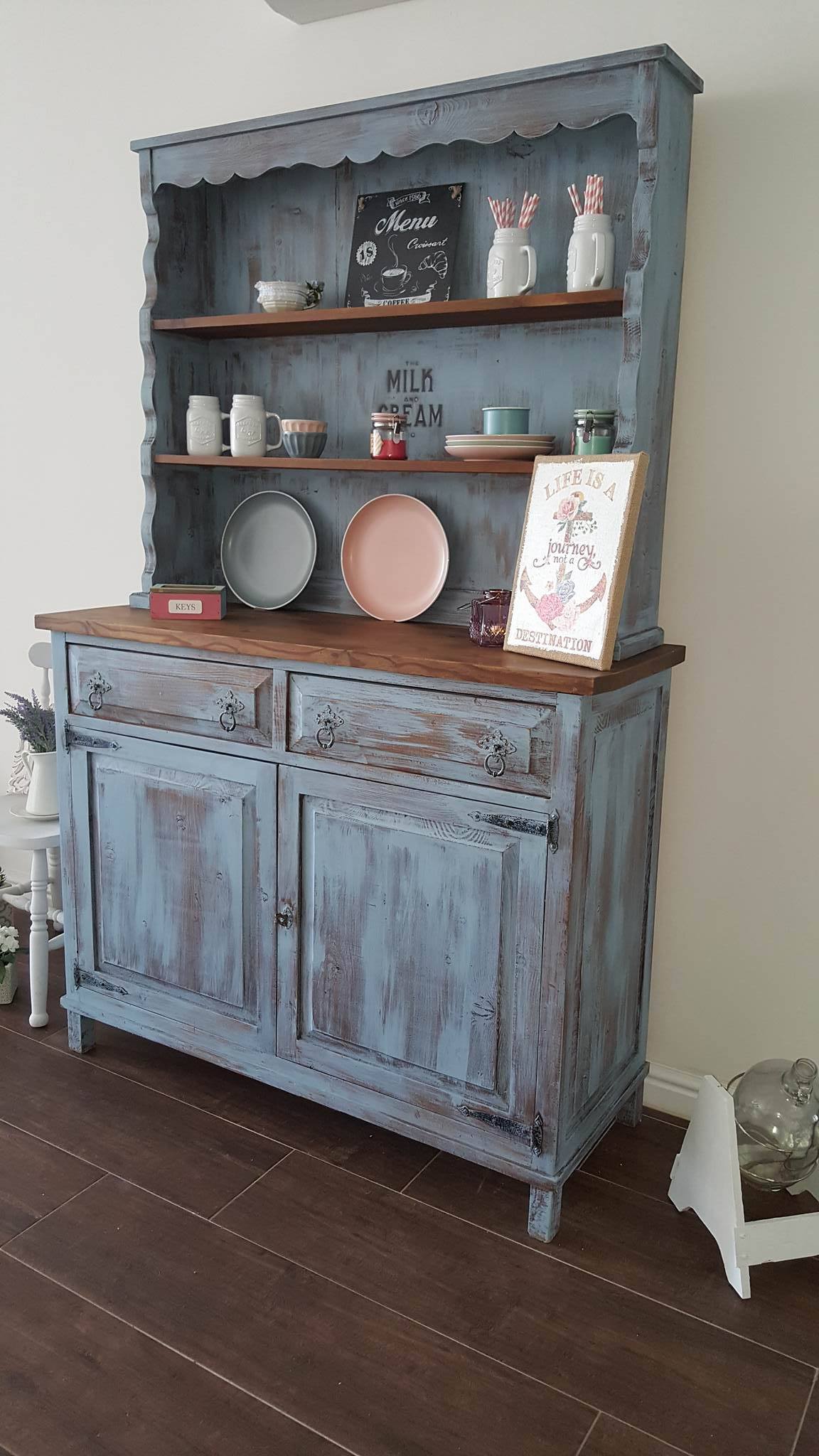 grey painted welsh dresser A masterfully in heavily distressed chalk paint, with a natural wood top. Beautiful finish all over group:K1358