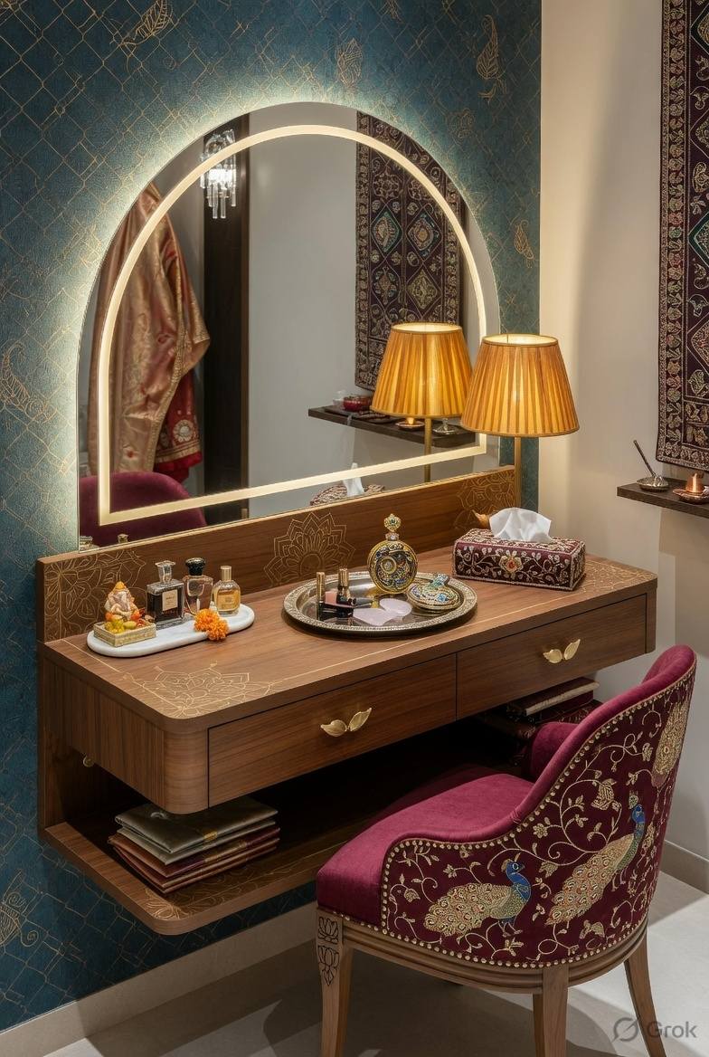 dressing table design with light Wall attached chair idea SIZE:8.5 Navy Blue Linen Cotton samra dress Vanity set a 28 wide middle