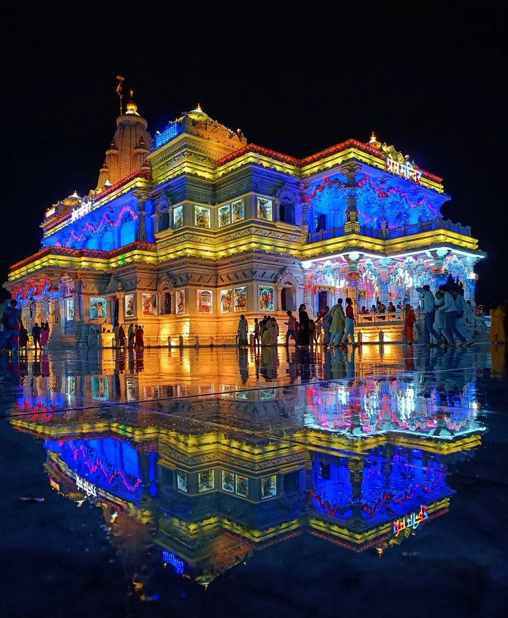 Prem Mandir temple illuminated at night in Vrindavan
