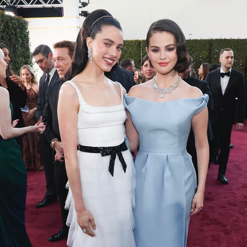 Margaret Qualley and Selena Gomez at the Golden Globes