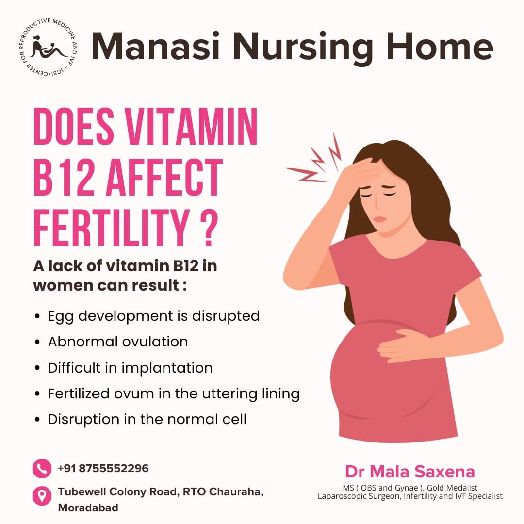 Vitamin B12 & Fertility: Did you know? Deficiencies can affect ovulation, egg quality & increase miscarriage risk. Visit Dr. Mala Saxena at Manasi Nursing Home for expert guidance