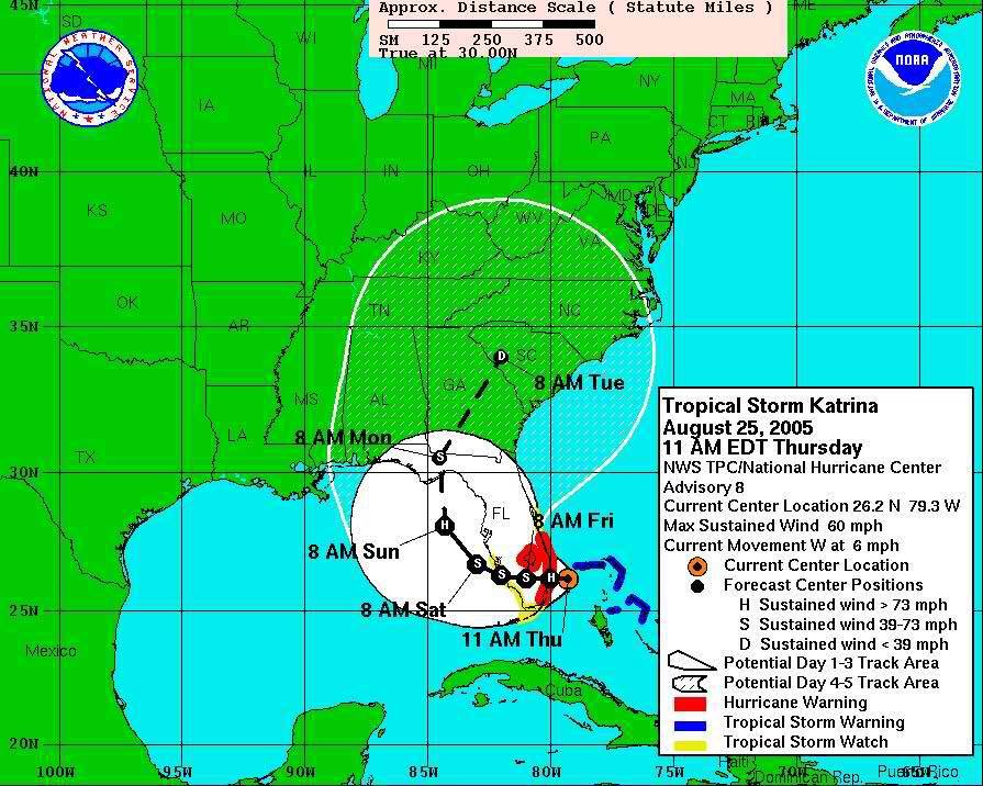 Hurricane Katrina's path on August 25, 2005