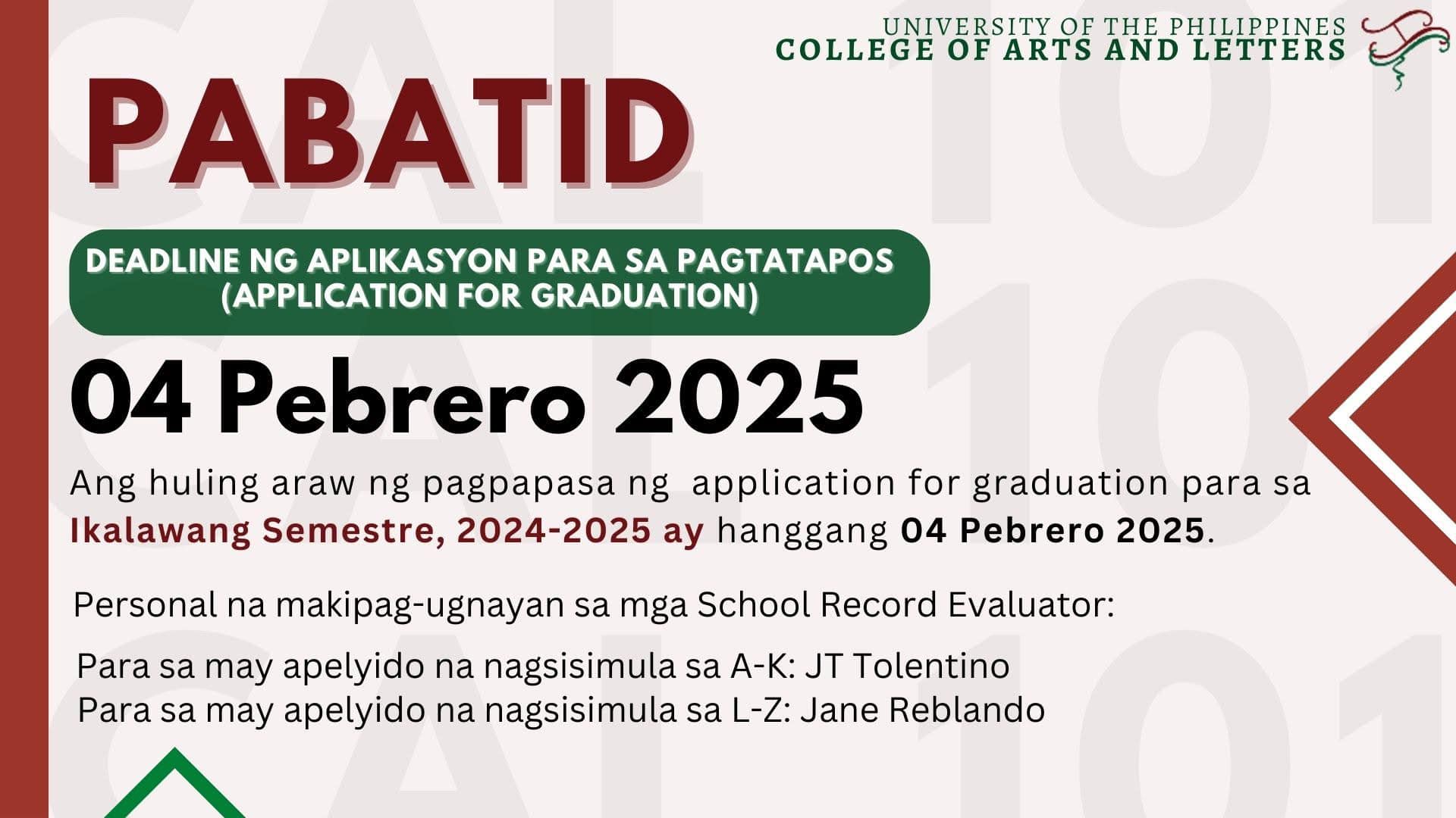 UP - Mula sa UPD CAL College Secretary: Ang huling araw ng pagpapasa ng ...