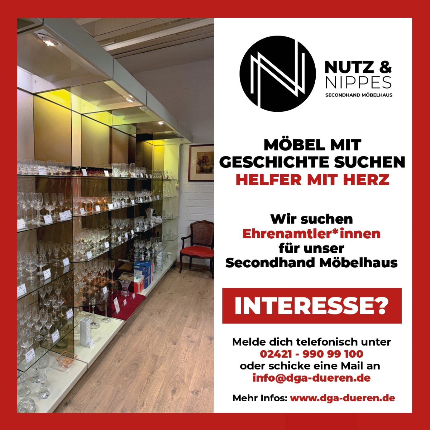 🪑💚 Deine Zeit. Dein Einsatz. Dein Lieblingsladen. 💚🪑 Wir suchen für unser Secondhand- Möbelhaus „Nutz & Nippes“ in der Friedrichstraße 4 in Düren engagierte und zuverlässige Ehrenamtler*innen! Du hast Lust, Nachhaltigkeit zu