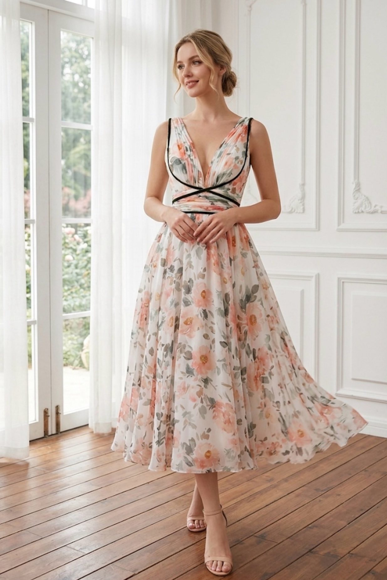 custom chiffon dress orders. Deep V neck floral midi dress. We always accept custom orders. #dress #weddingguestdress #partydress #formalgown #eveningdress #floraldress #mididress #fairycore #custommade #p A customer said The Cocktail dress, c.1950 - Sleeve Length:Extra Long - 36