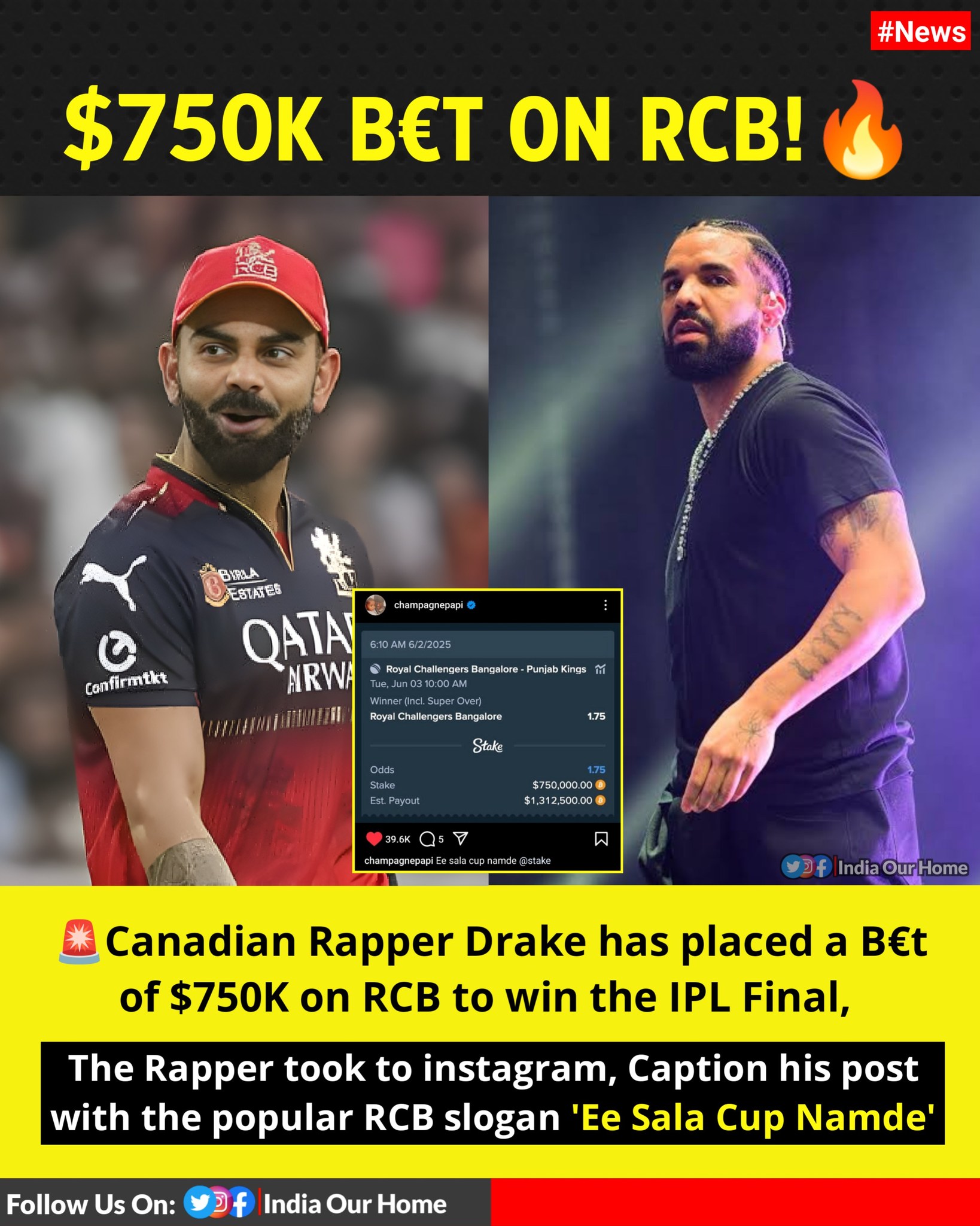 India - 🚨Canadian rapper Drake has revealed a $750,000 bet on Royal ...