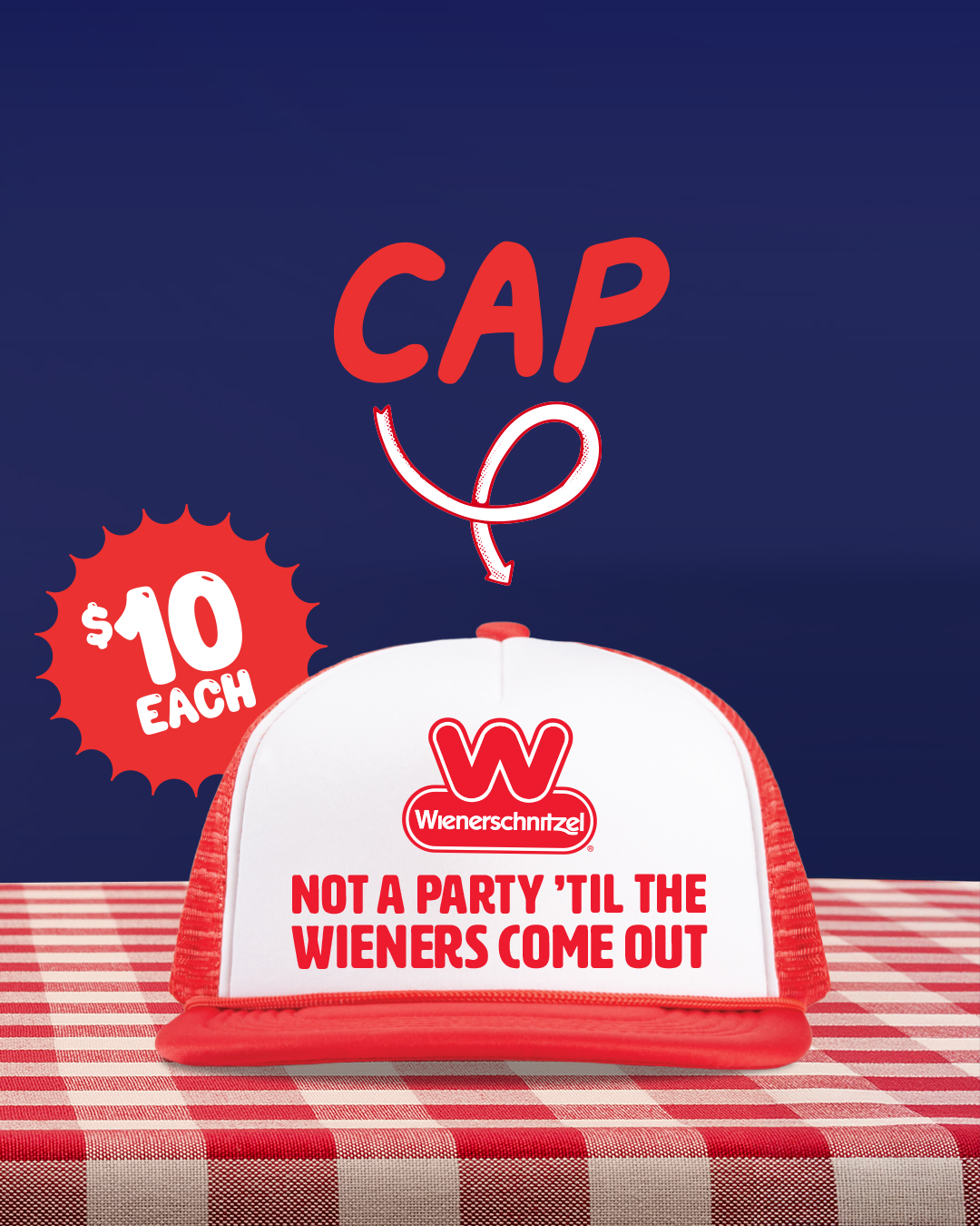 Casquette Wienerschnitzel "NOT A PARTY 'TIL THE WIENERS COME OUT" - Snapback Réglable, Rouge - Neuve Sans étiquettes
