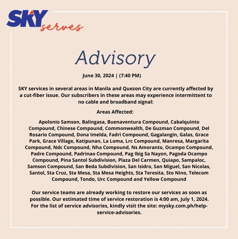 SKY - Update: Restored as of 2:30 AM of July 1, 2024. For... | Facebook