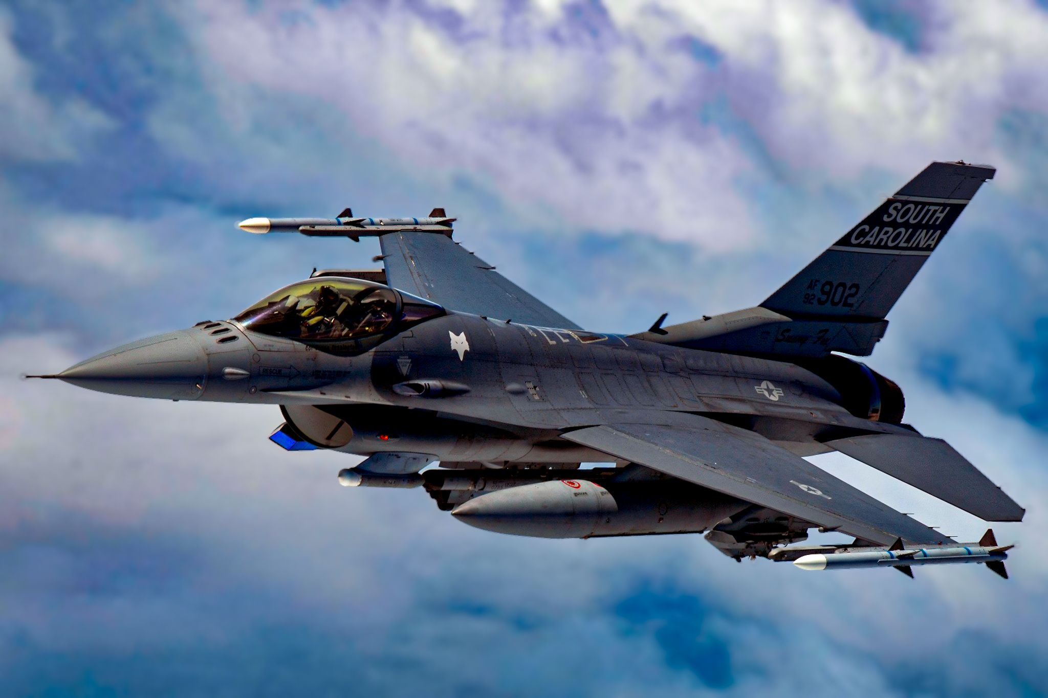 Swamp Fox in flight. F-16 pilot from the 169th Fighter Wing, South