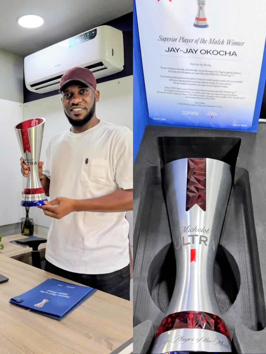 Football legend Jay-Jay Okocha has been presented with the FIFA