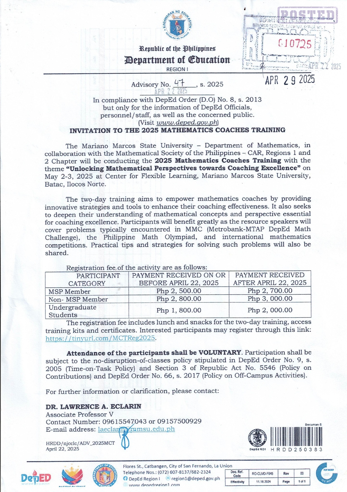 DepEd - Invitation to the 2025 Mathematics Coaches Training To: All ...