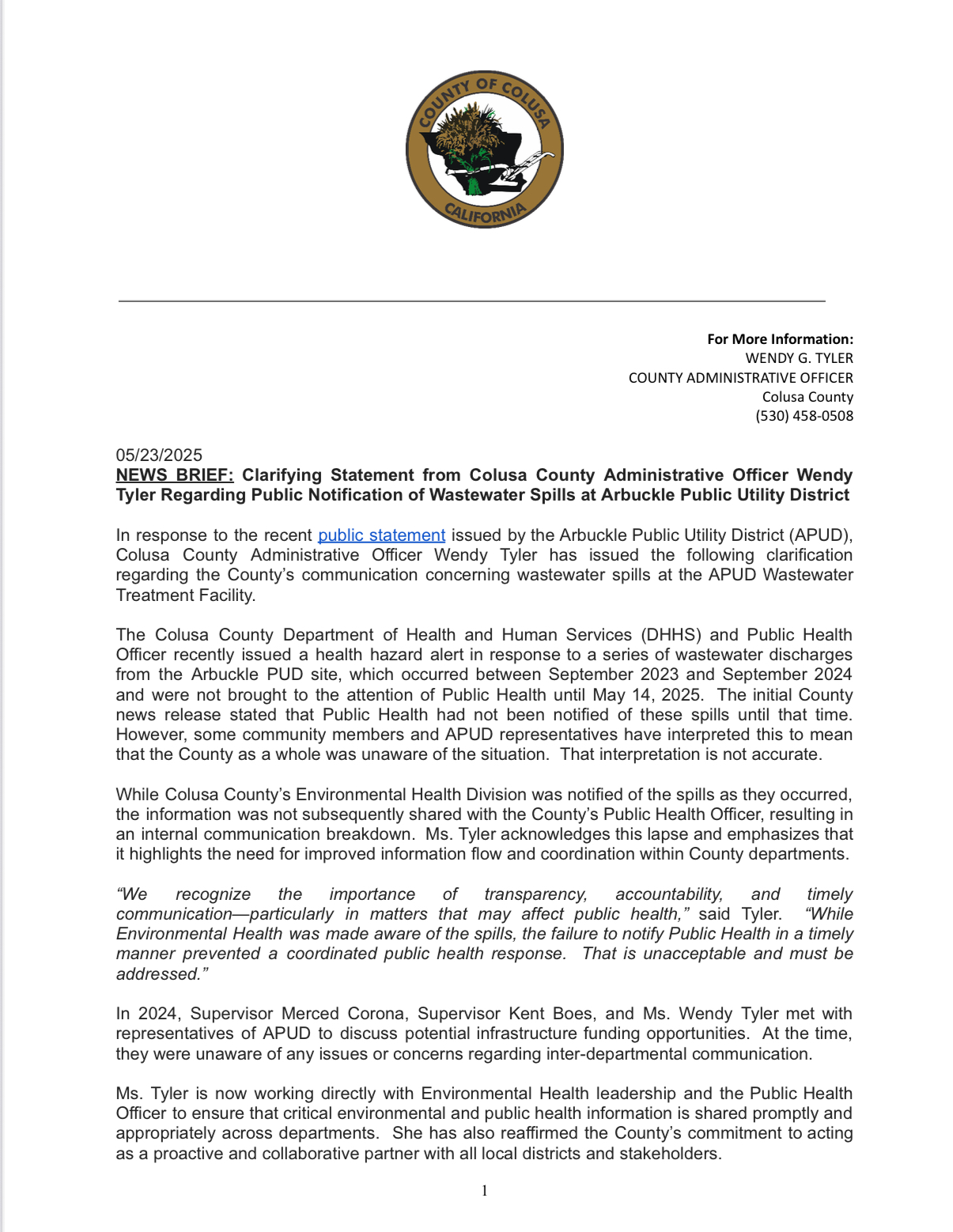 Colusa County - NEWS BRIEF: Clarifying Statement from... | Facebook