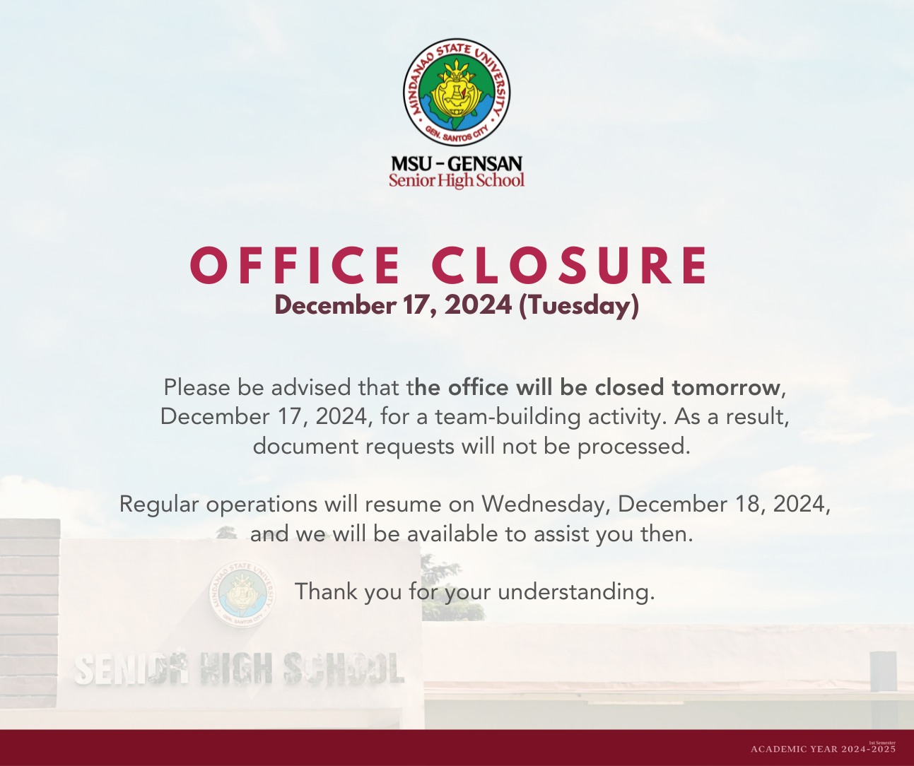 Mindanao - OFFICE CLOSURE December 17, 2024 (Tuesday) Please be advised ...