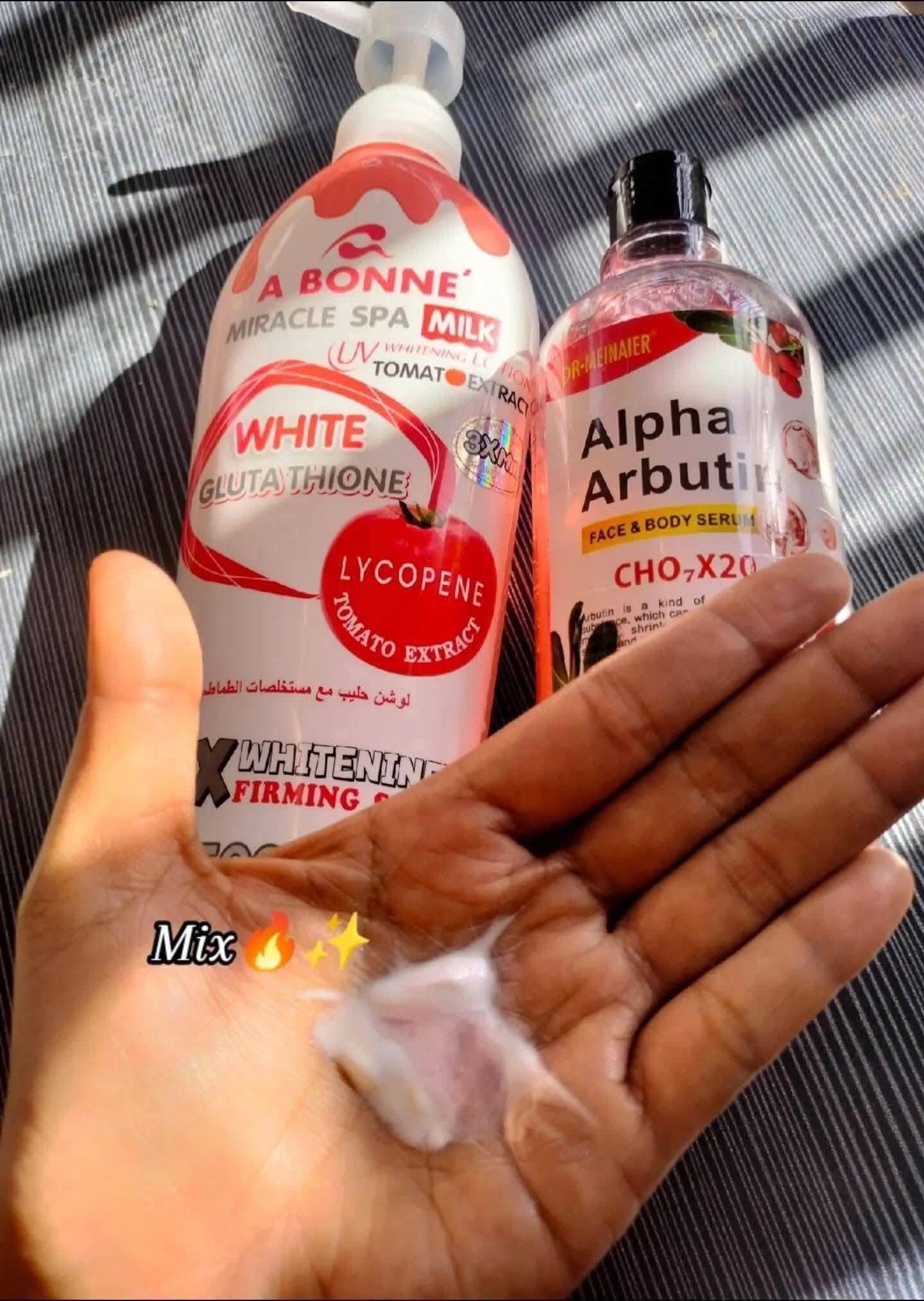 My fave skin‑brightening duo: A'BONNE Miracle Spa Milk with White Glutathione & Dr. Meinaier Alpha Arbutin serum – ready to pump up my skin and make it 3× whiter & firmer! 💖✨