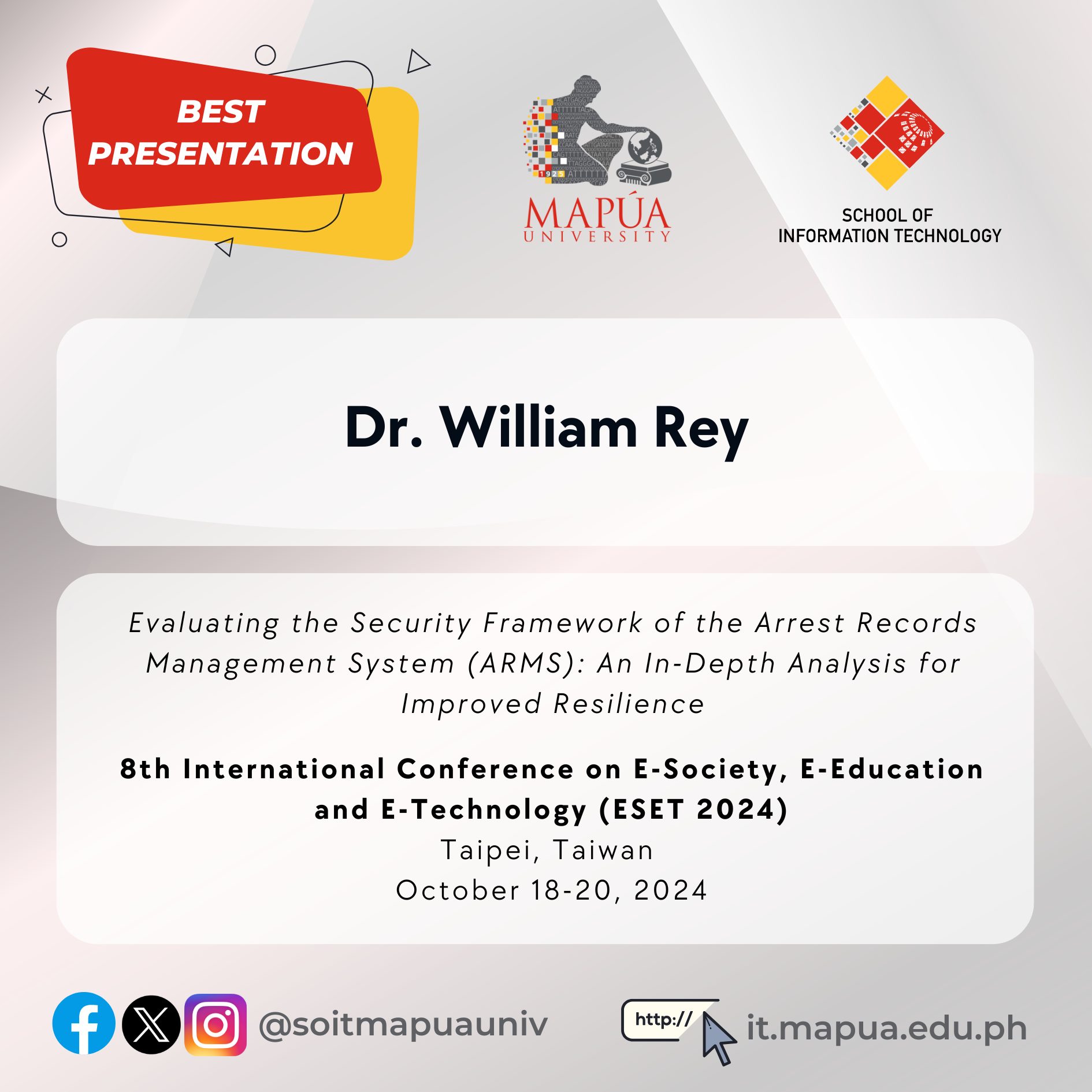 School - Congratulations to Dr. William P. Rey for getting Best Paper ...