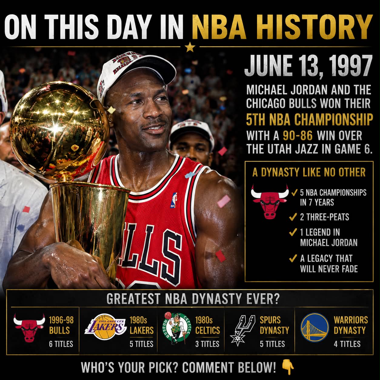 Today in 1997, the Bulls win their 5th NBA championship ?