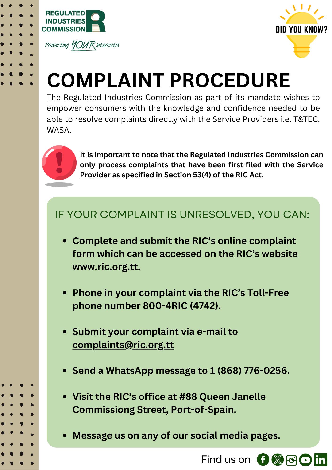 Regulated Industries Commission - Did you file a query on your ...