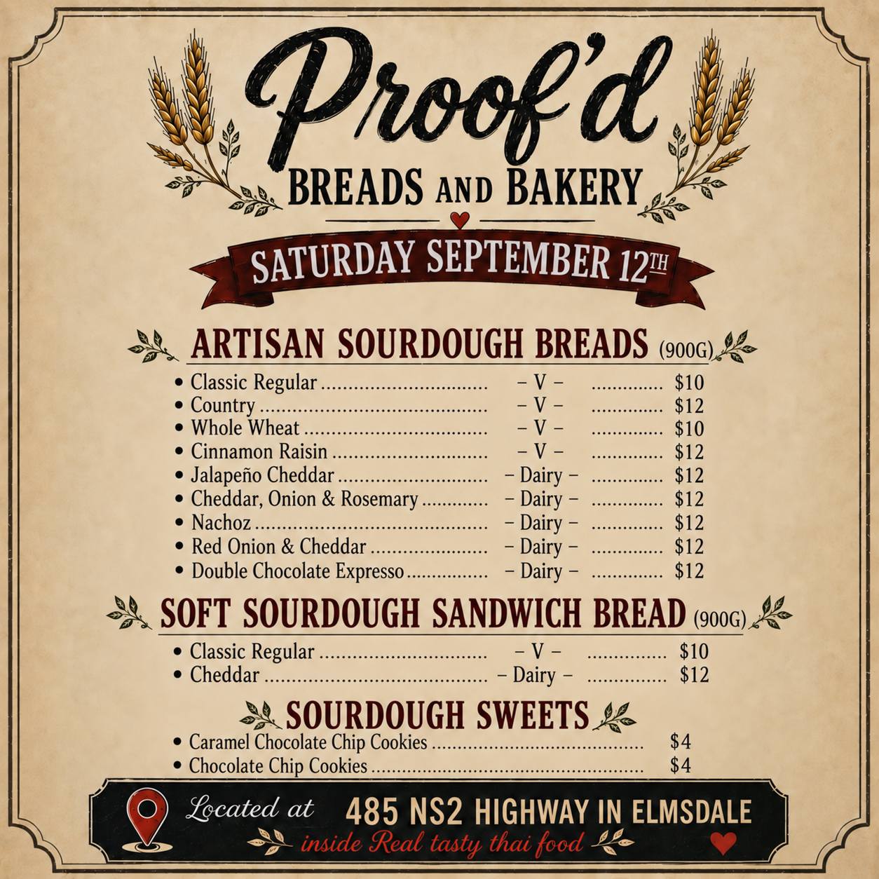 Proof'd sourdough breads preorder in Elmsdale