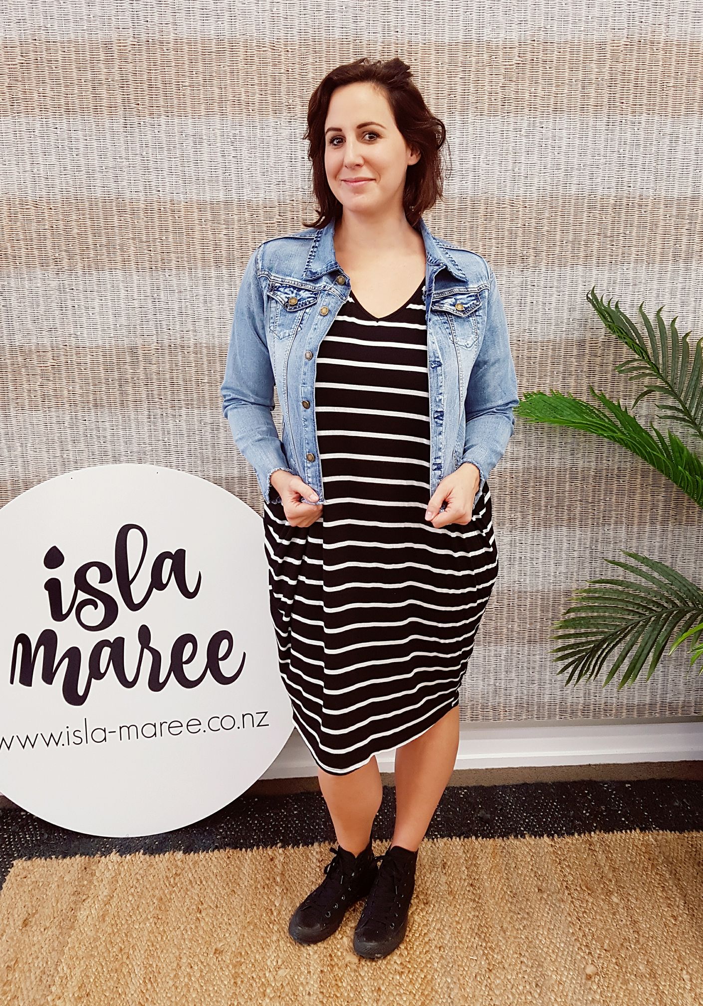 My gorgeous customer Delphine popped in today to pick up her Denim Jacket! She is wearing the size L (12-14) over the Black Striped Miracle Dress #winningcombo Thanks for the pic Delphine.....you