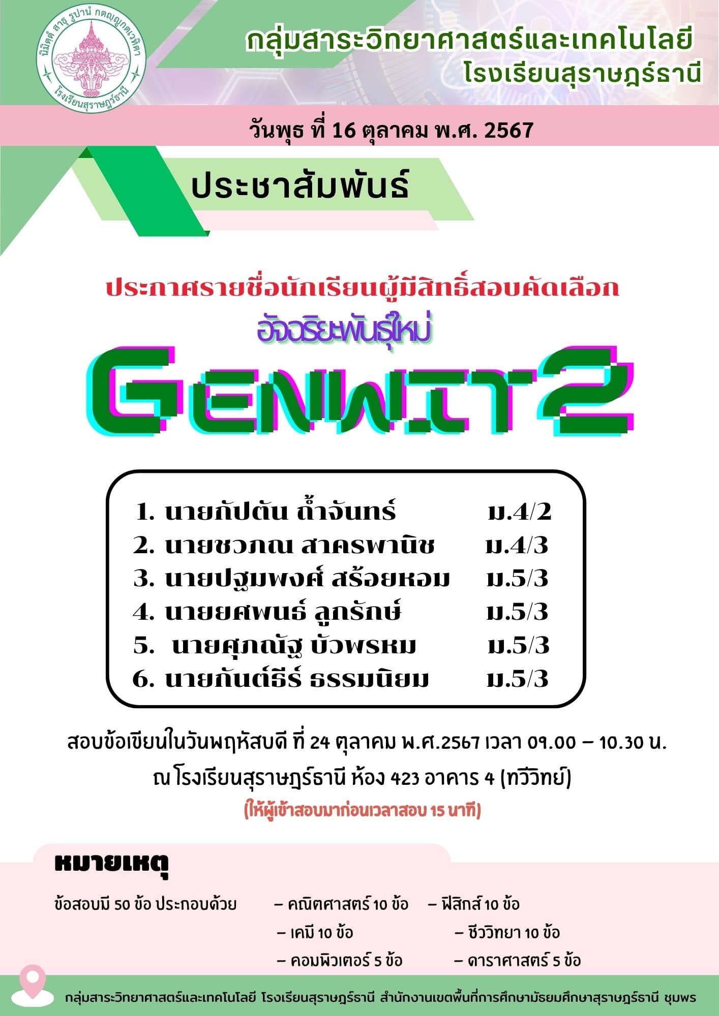 ประกาศรายชื่อนักเรียนผู้มีสิทธิ์สอบคัดเลือก Genwit อัจฉริยะพันธุ์ใหม่ ...