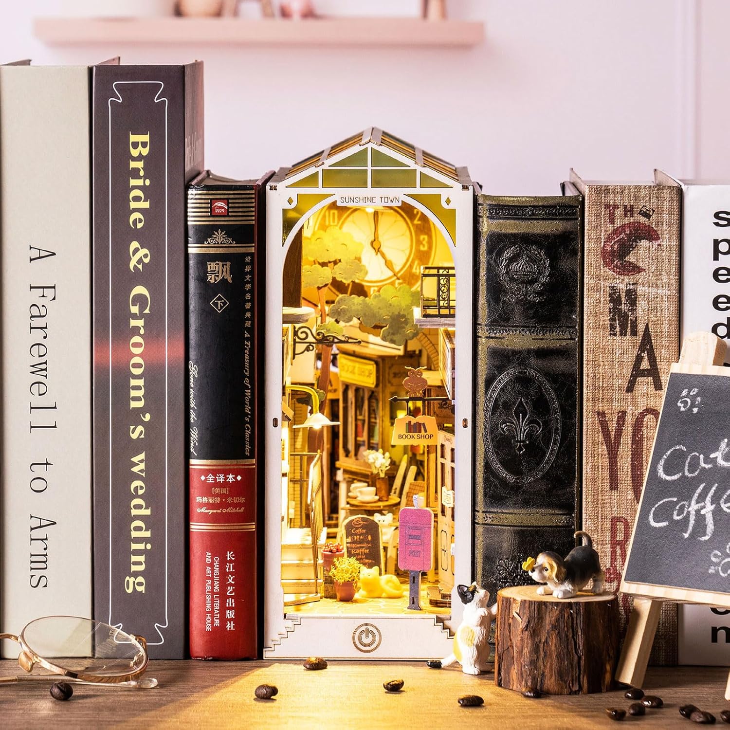 DIY Book Nook Kit For Adults - 3D Wooden Miniature House With LED Light, Railway & Cathedral Theme, Bookshelf Decor