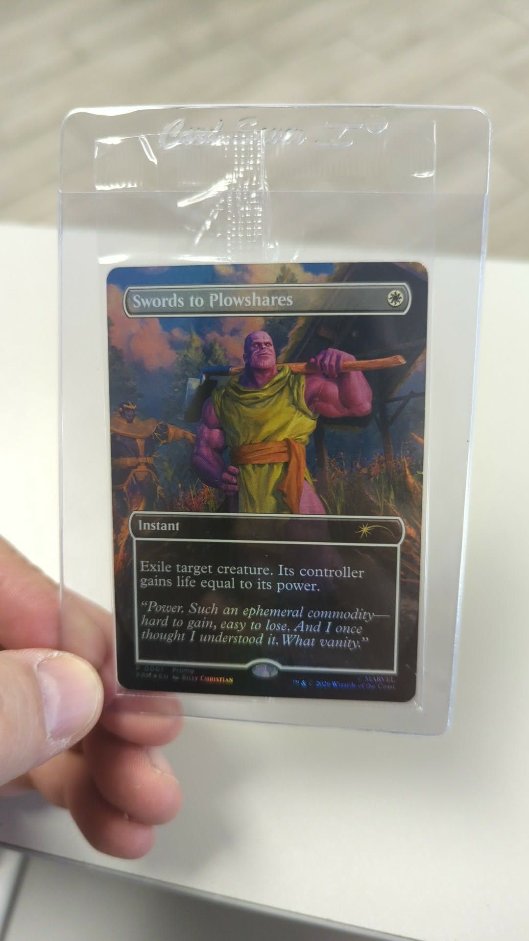 Thanos-themed Marvel MTG Swords to Plowshares distributed through