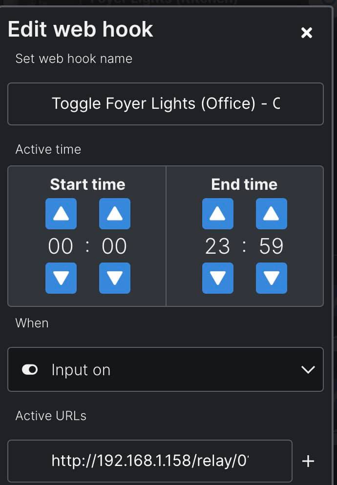 What is the Shelly Colour bulb toggle webhook URL for Plusi4 switch?