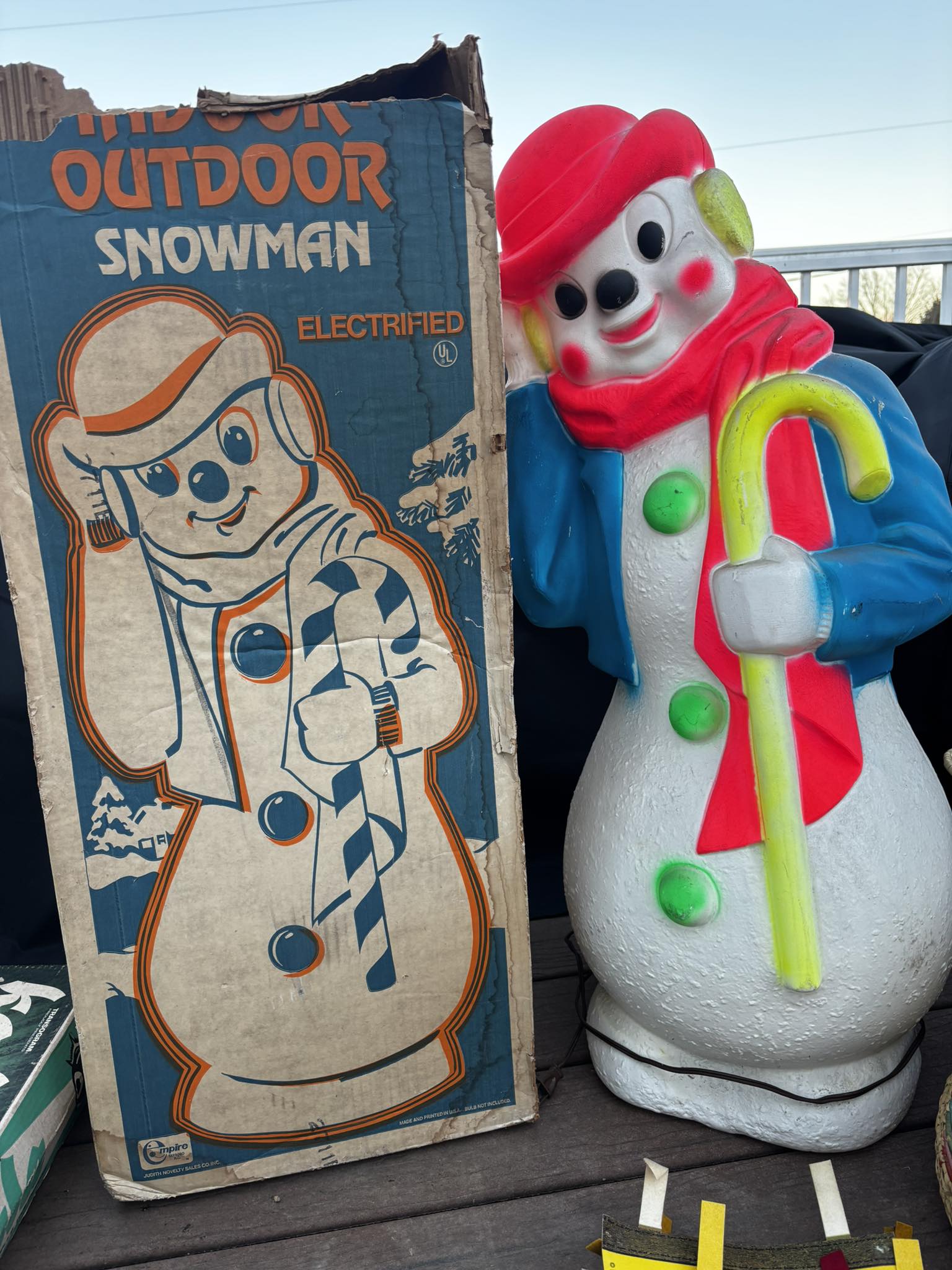 Vintage 1971 Empire snowman blow mold withstands New Jersey winter