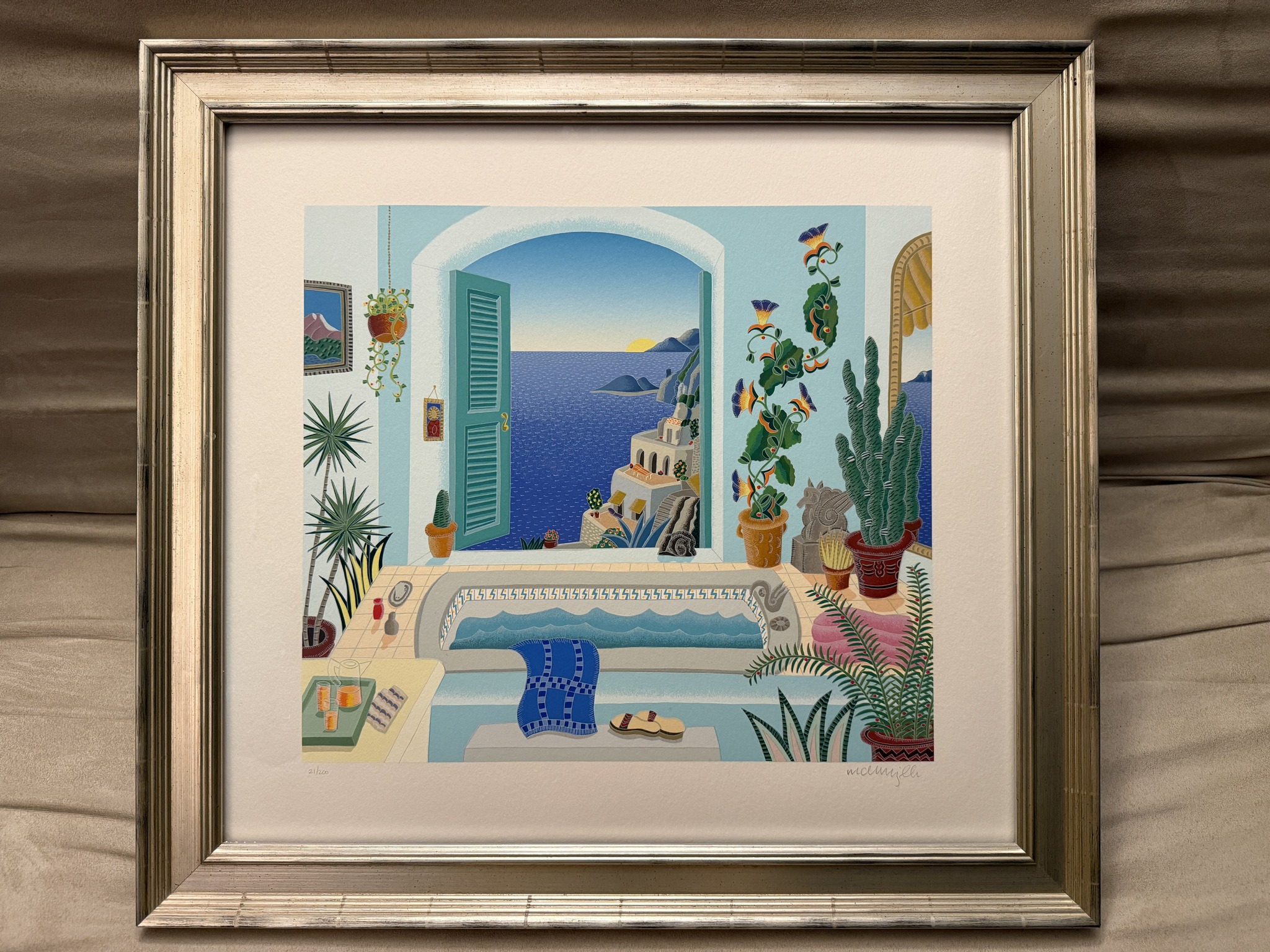 What is the value of Thomas McKnight's 'Positano Bath' silkscreen