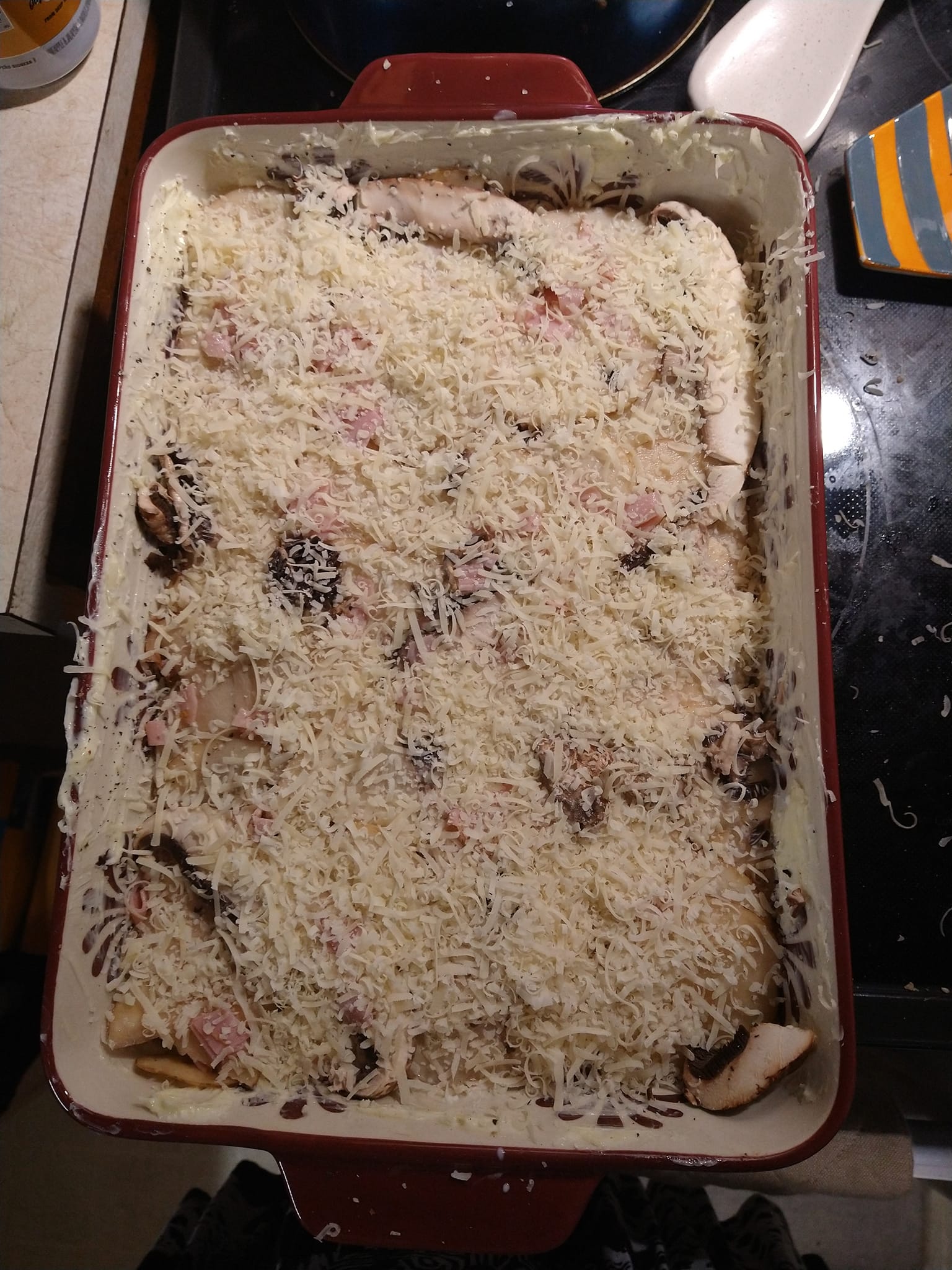 Putting my spin on Alton Brown's au gratin potato recipe. Https://altonbrown .com/recipes/potato-portobello-gratin/ Everything Aldi, even the baking dish! I'm obsessed with these. Ps. Please don't mind the mess, I'm a messy cheese sprinkler