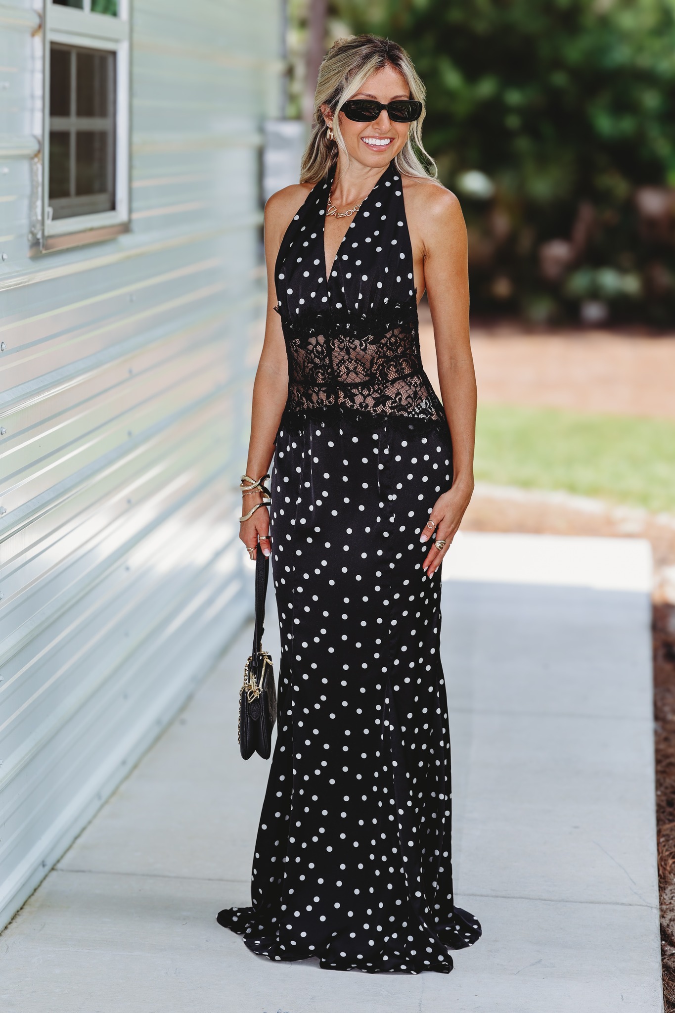 Pretty in polka dots! 2.0 Valerie halter dress styled with the Prizma in mesh sparkle ✨