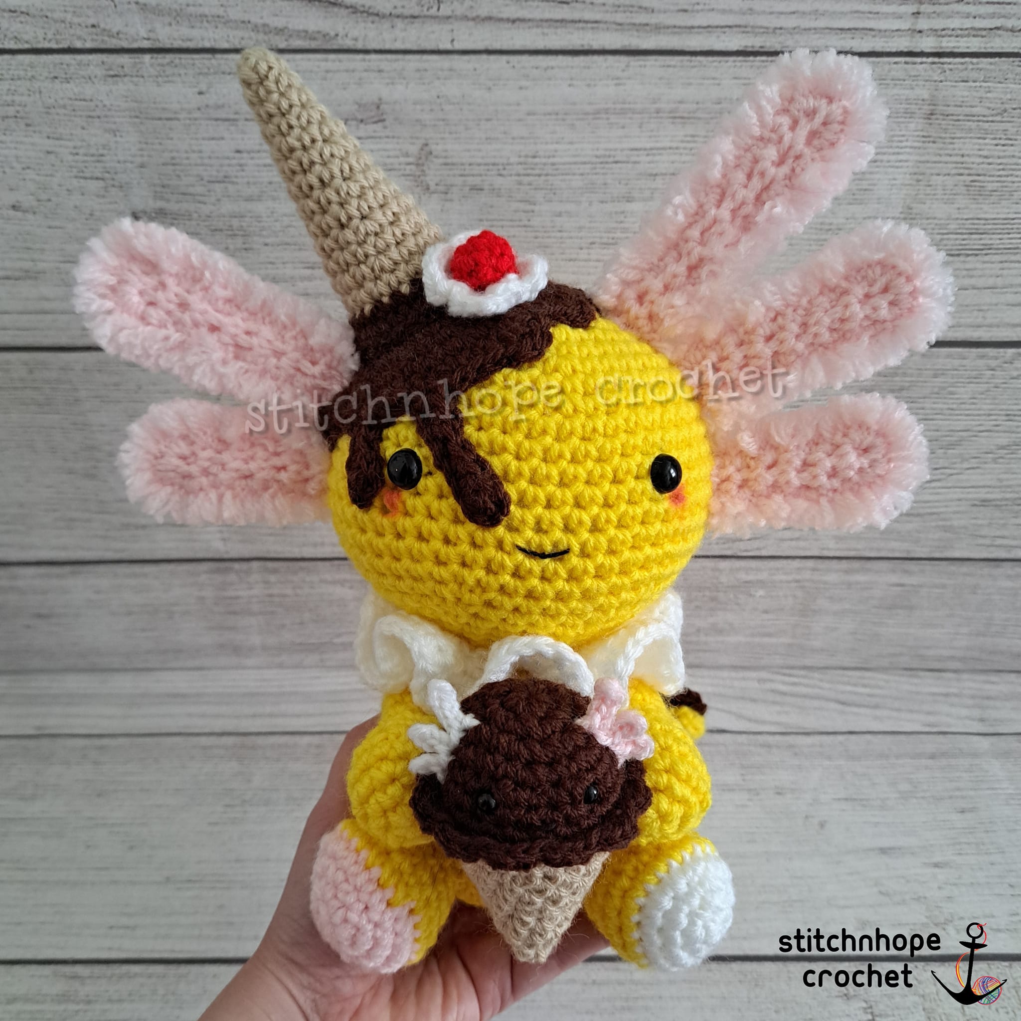 Banana split axolotl ice cream sculpture
