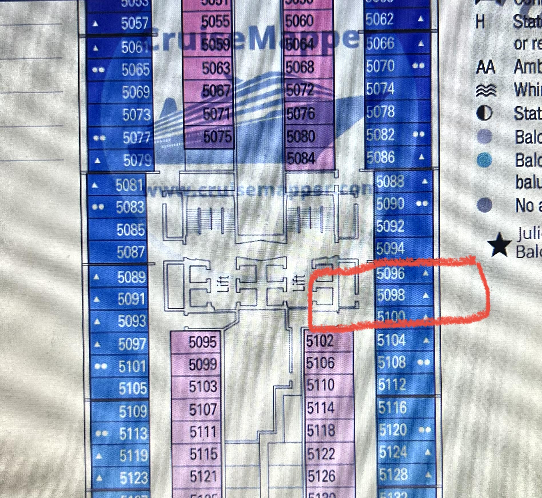 What is across from cabins 5096 and 5098 on MSC Seashore, and what 