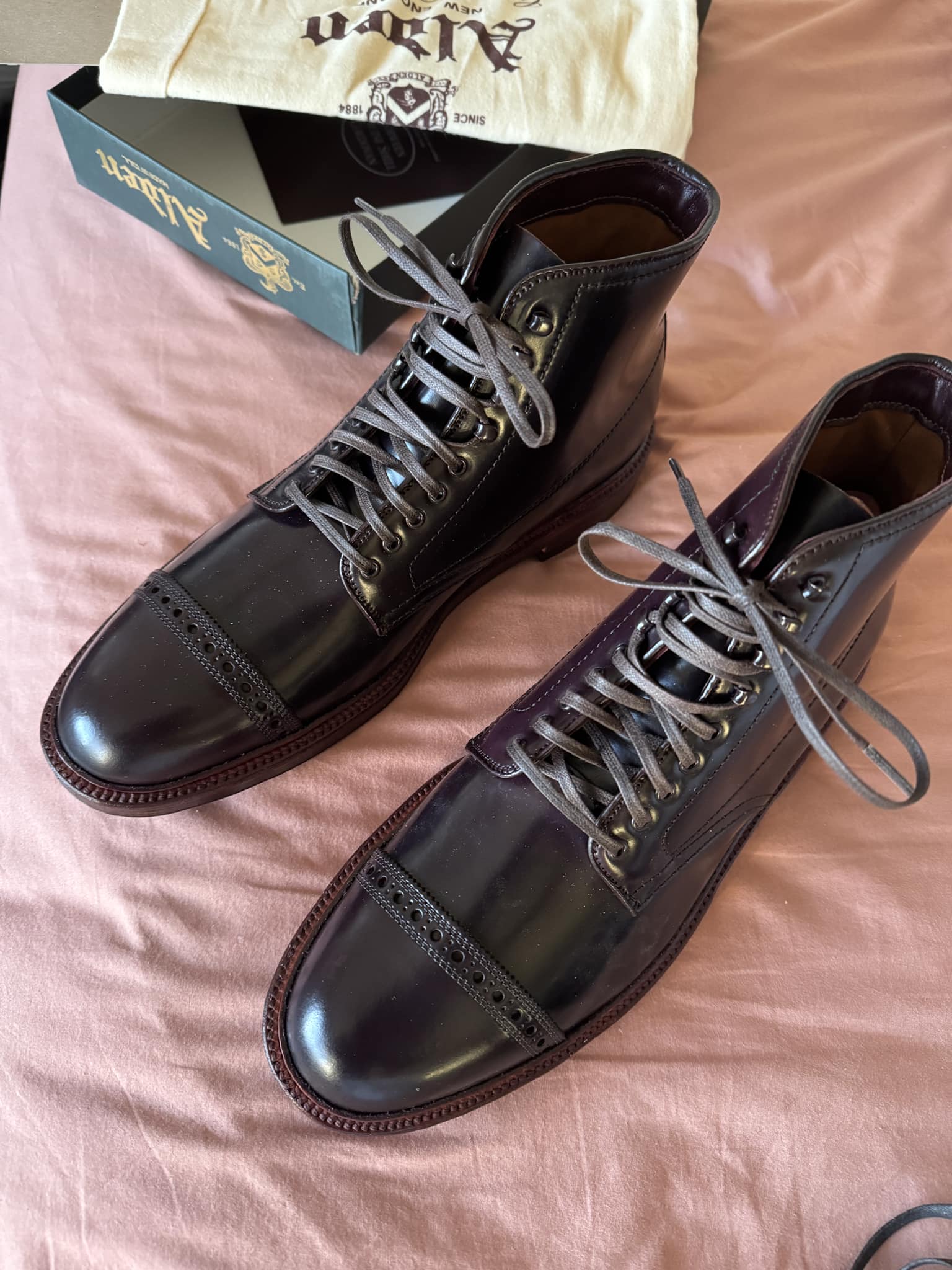 Alden x J-Crew Barrie last straight-tip shell cordovan boots