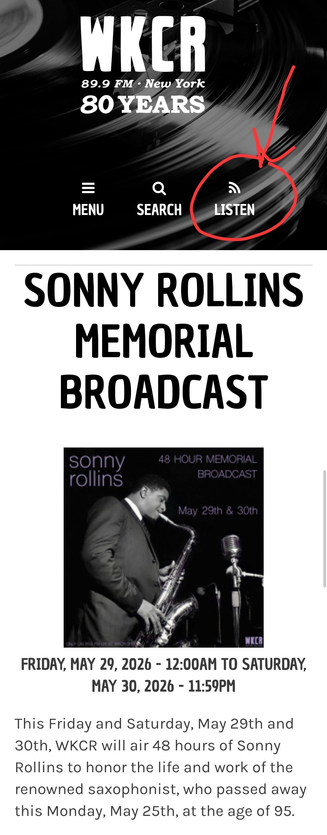 HD1) SONNY ROLLINS BIRTHDAY TRIBUTE On Monday, 9/7 at 2pm join