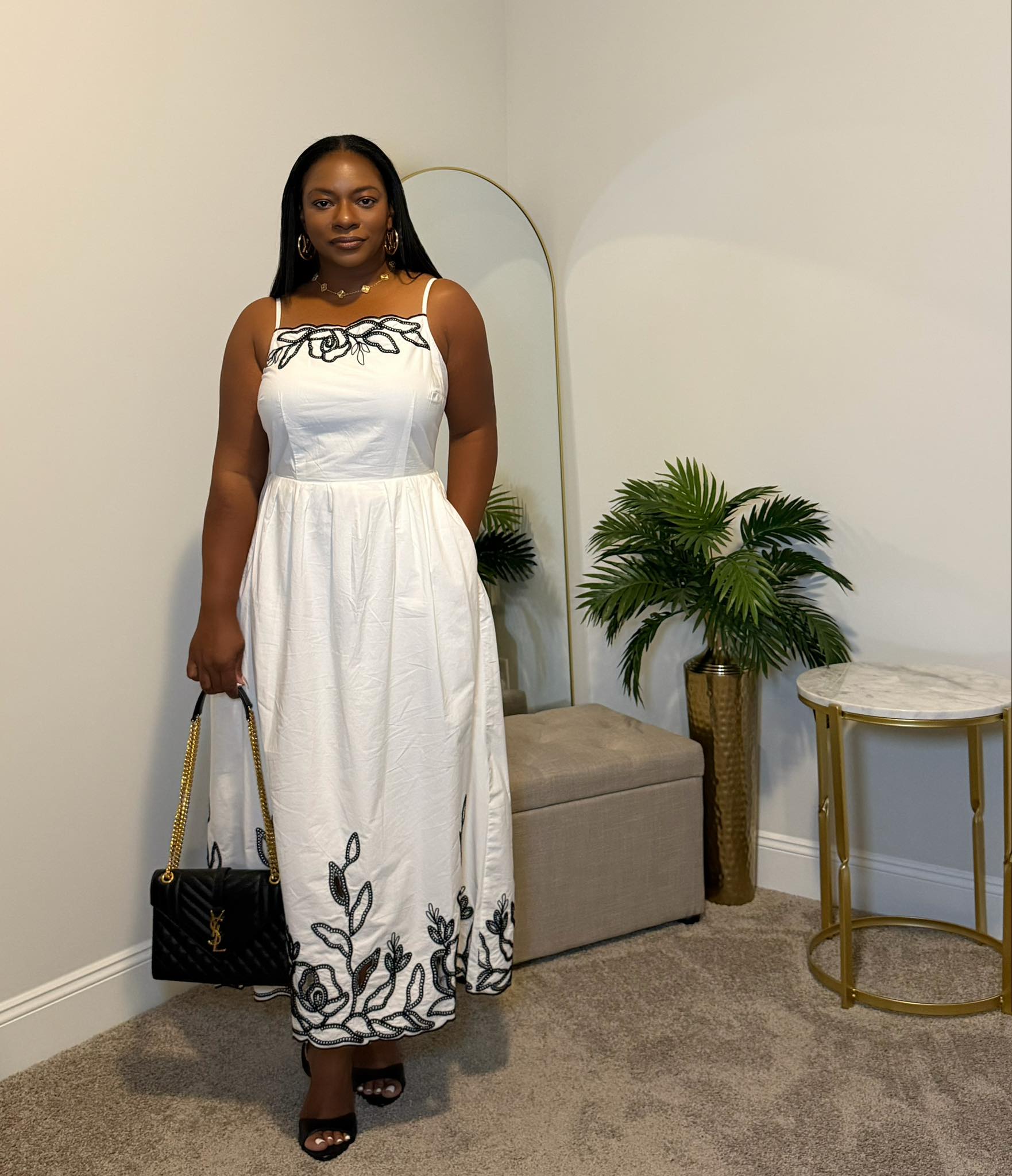Classic white dress with black embroidery