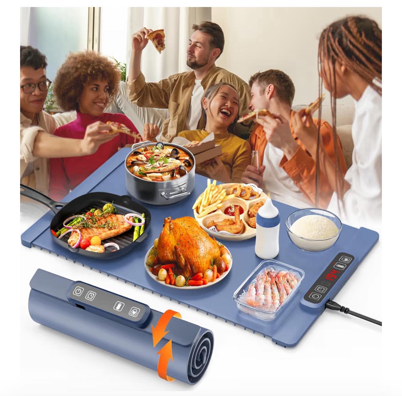 Portable Electric Food Warmer Mat - 6 Temp Settings, Quick & Even Heat, Timer - Perfect For Buffets, Parties, Home (Blue)