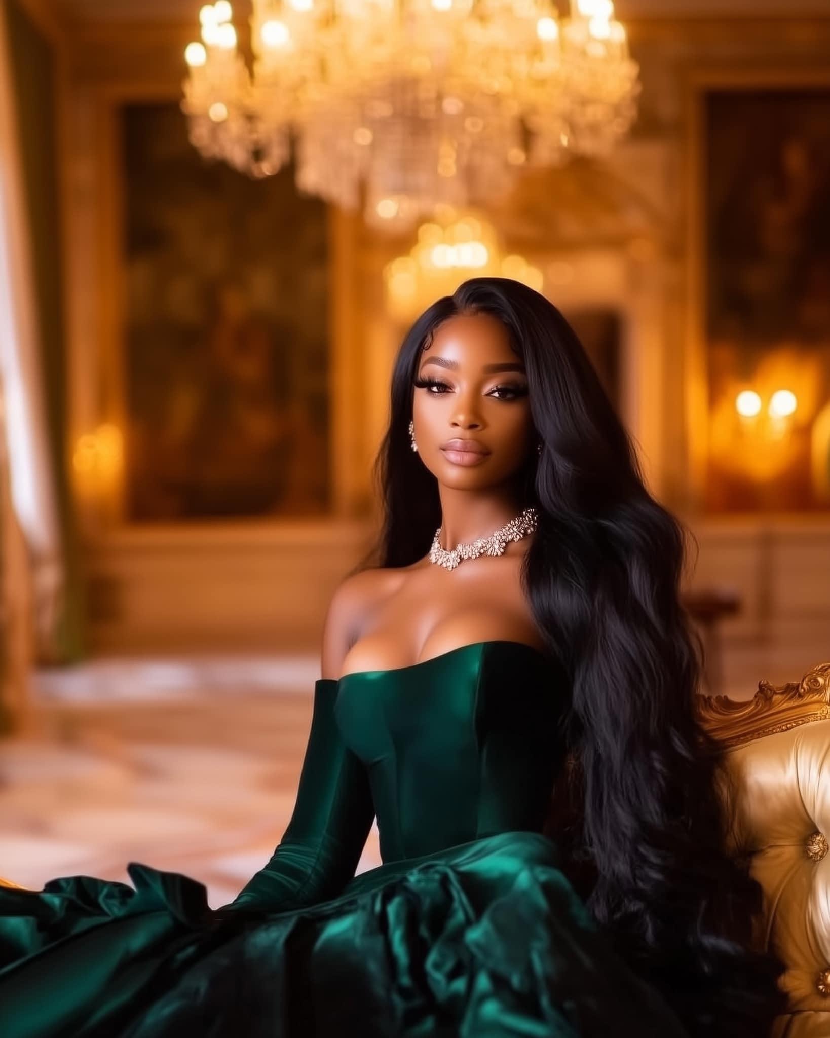 black hair green dress Stunning woman in emerald-green mermaid grape prom dresses