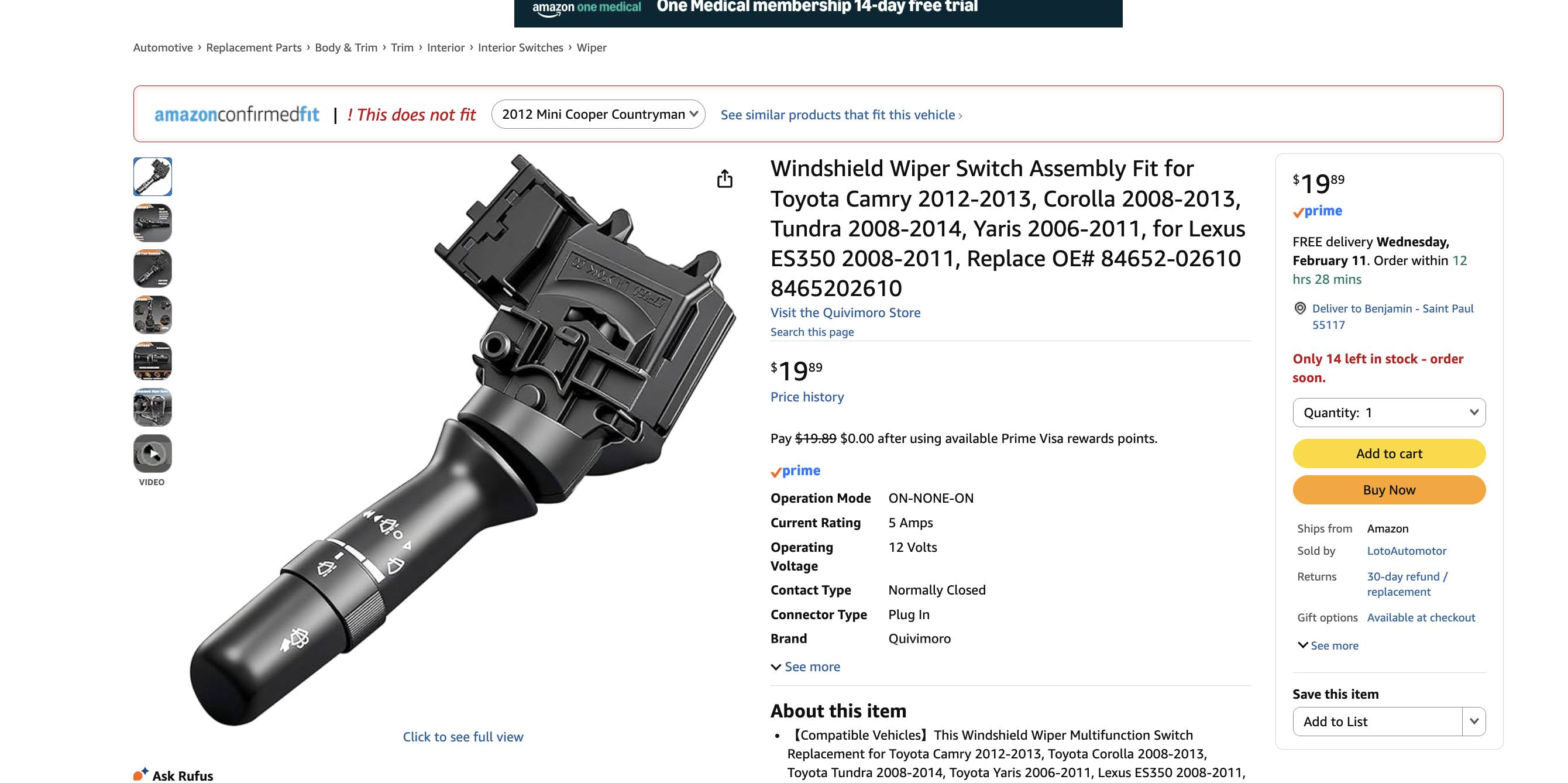 New Wiper Switch – Intermittent Type – For 2005-2011 Toyota Tacoma 2.7L & 4.0L – WF-AUTO 84652-04141